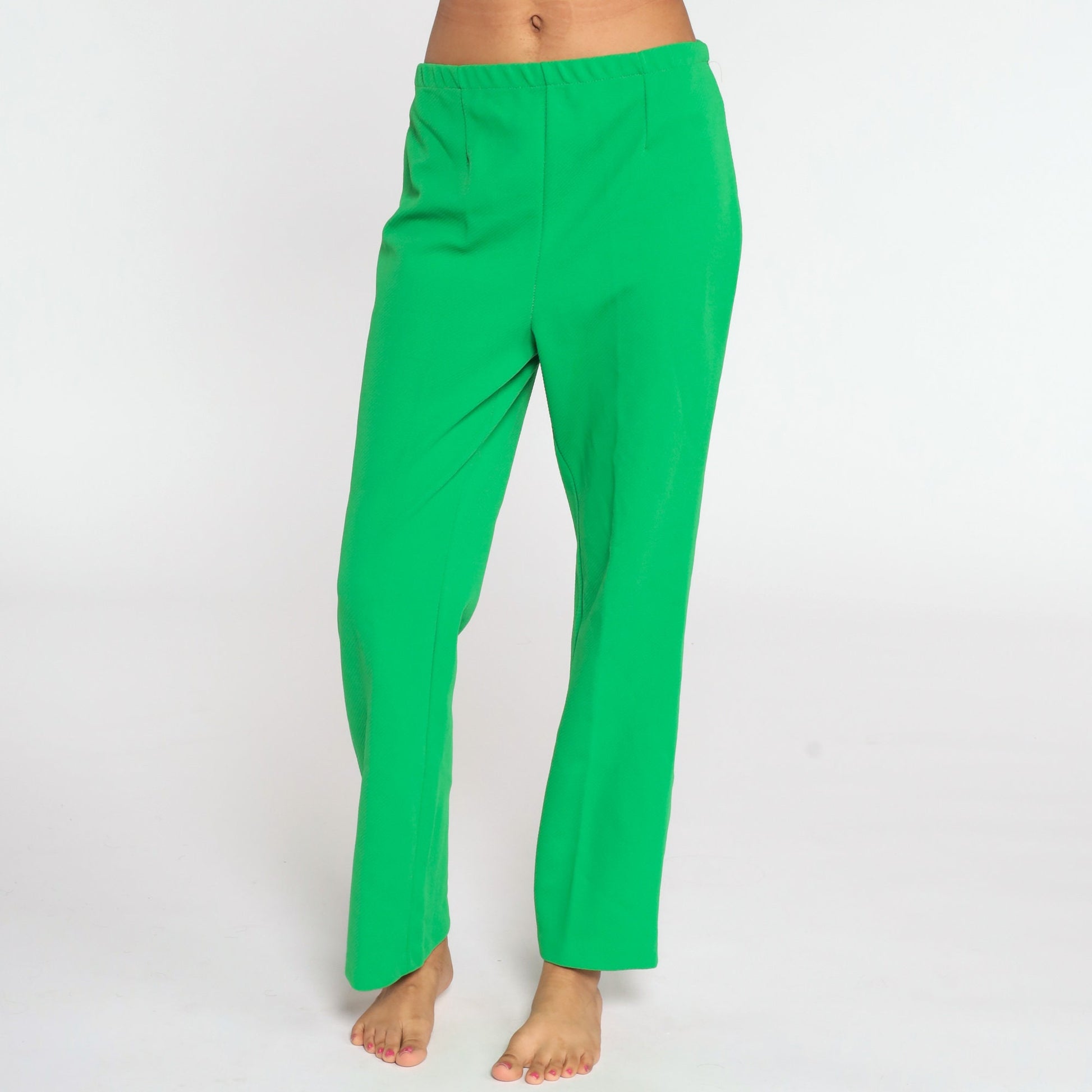 70s Green High Waist Bell Bottom Trousers Polyester Flared Medium Large