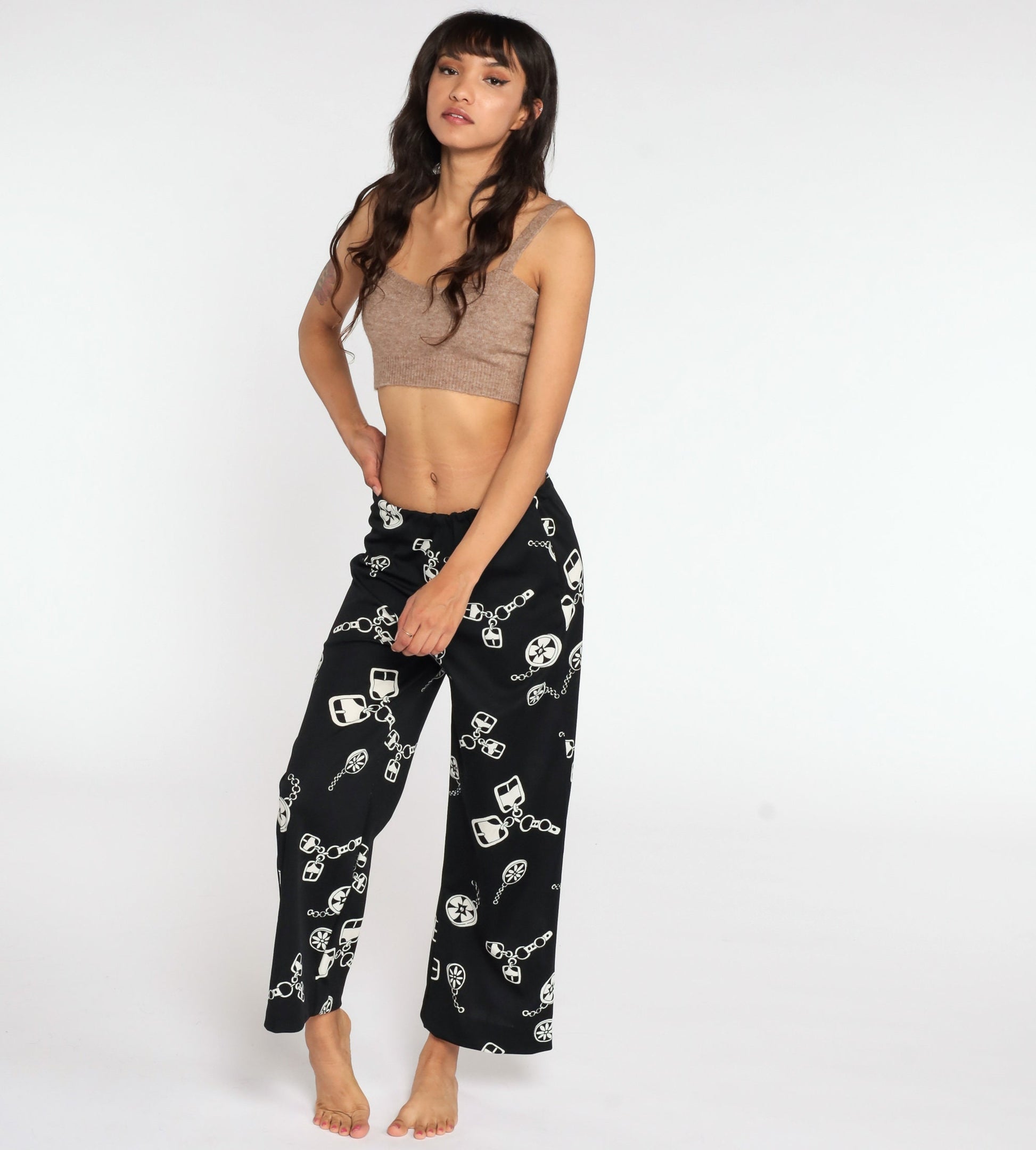 70s Black White Chain Print High Waist Bell Bottom Trousers Medium