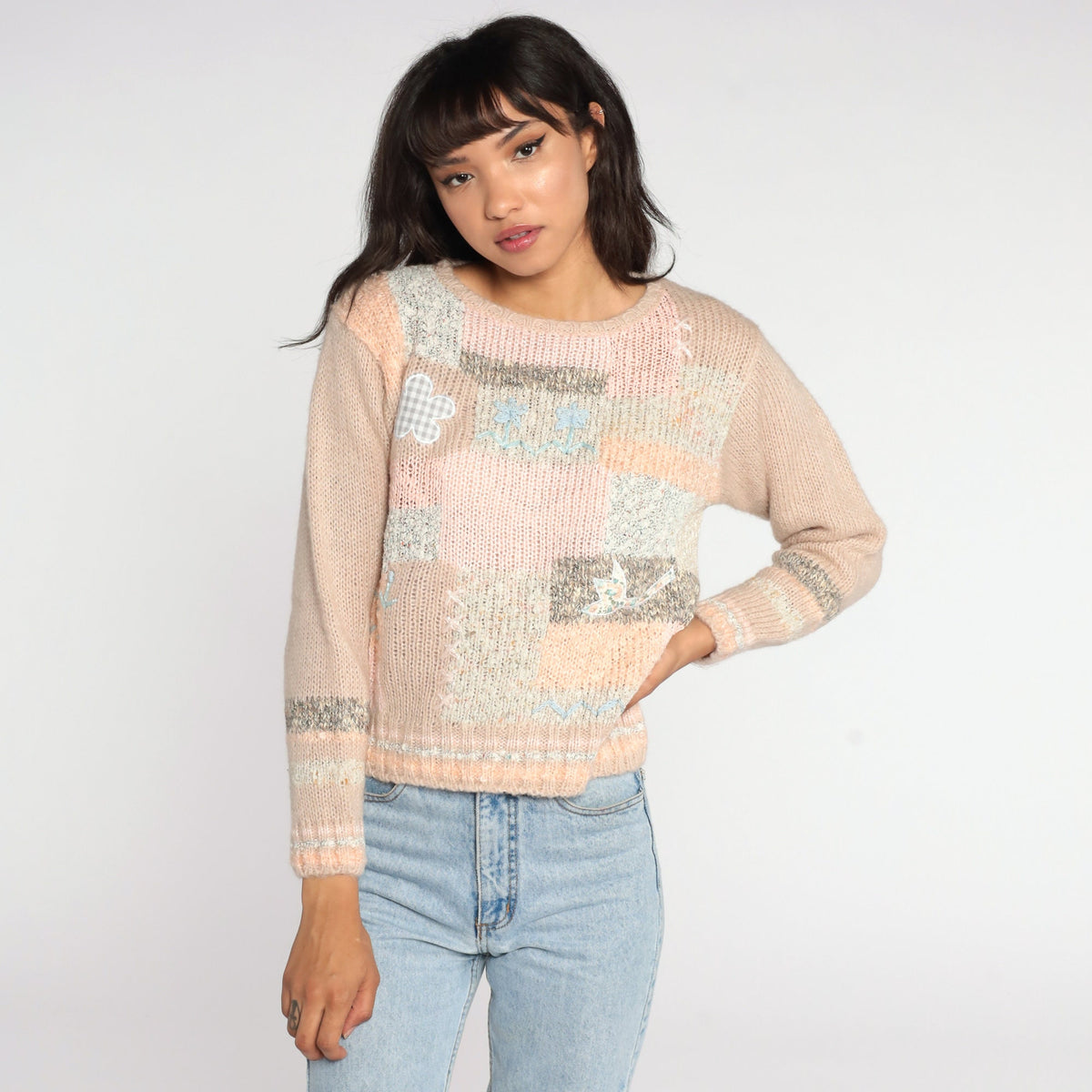 80s Patchwork Floral Embroidered Sweater Peach Wool Blend Small