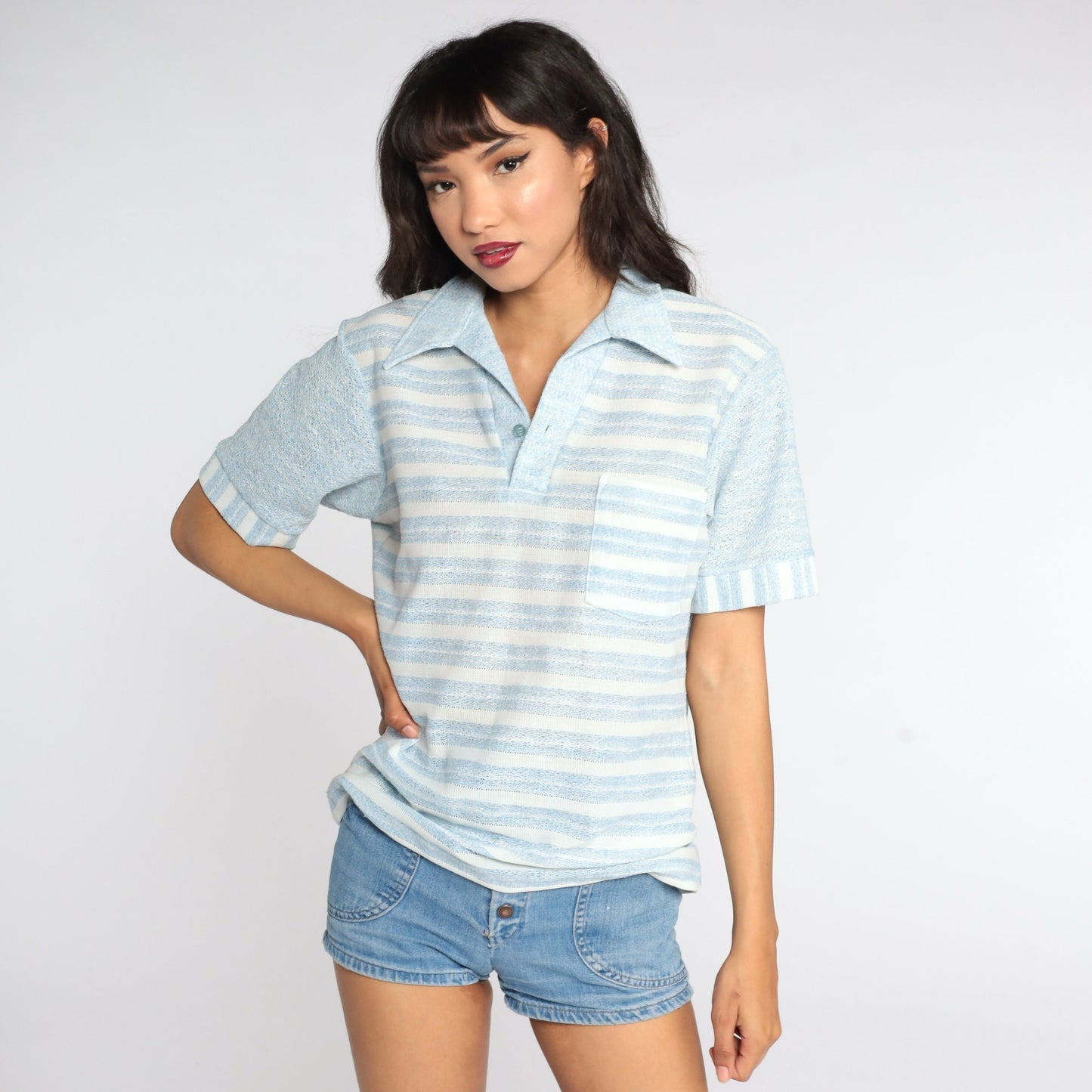 70s Striped Polo Shirt White Baby Blue Half-Button Collared Medium