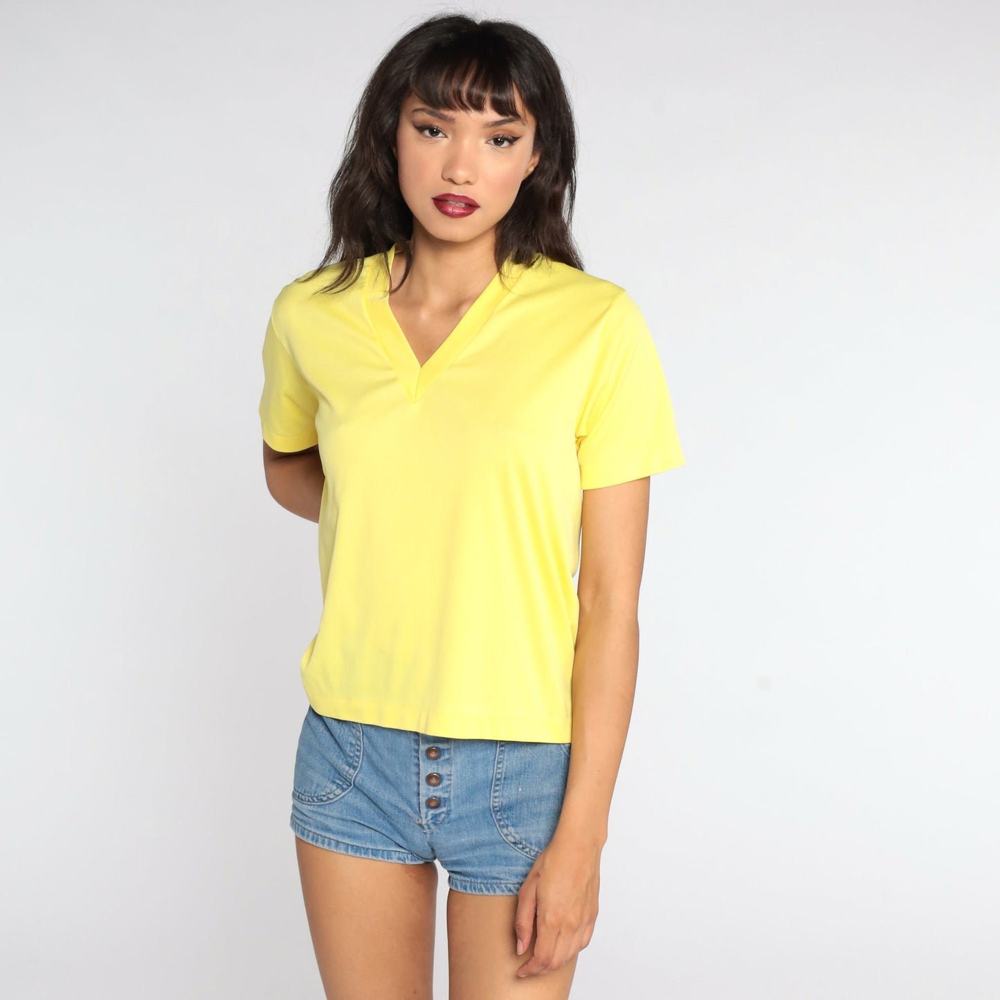 70s Yellow V-Neck T-Shirt Single Stitch Plain Tee Small Medium