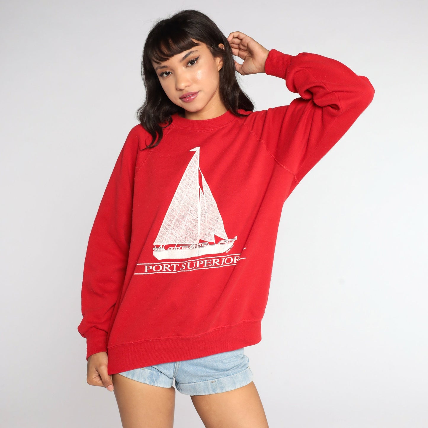 80s Port Superior Wisconsin Sailboat Sweatshirt Red Raglan Pullover Large