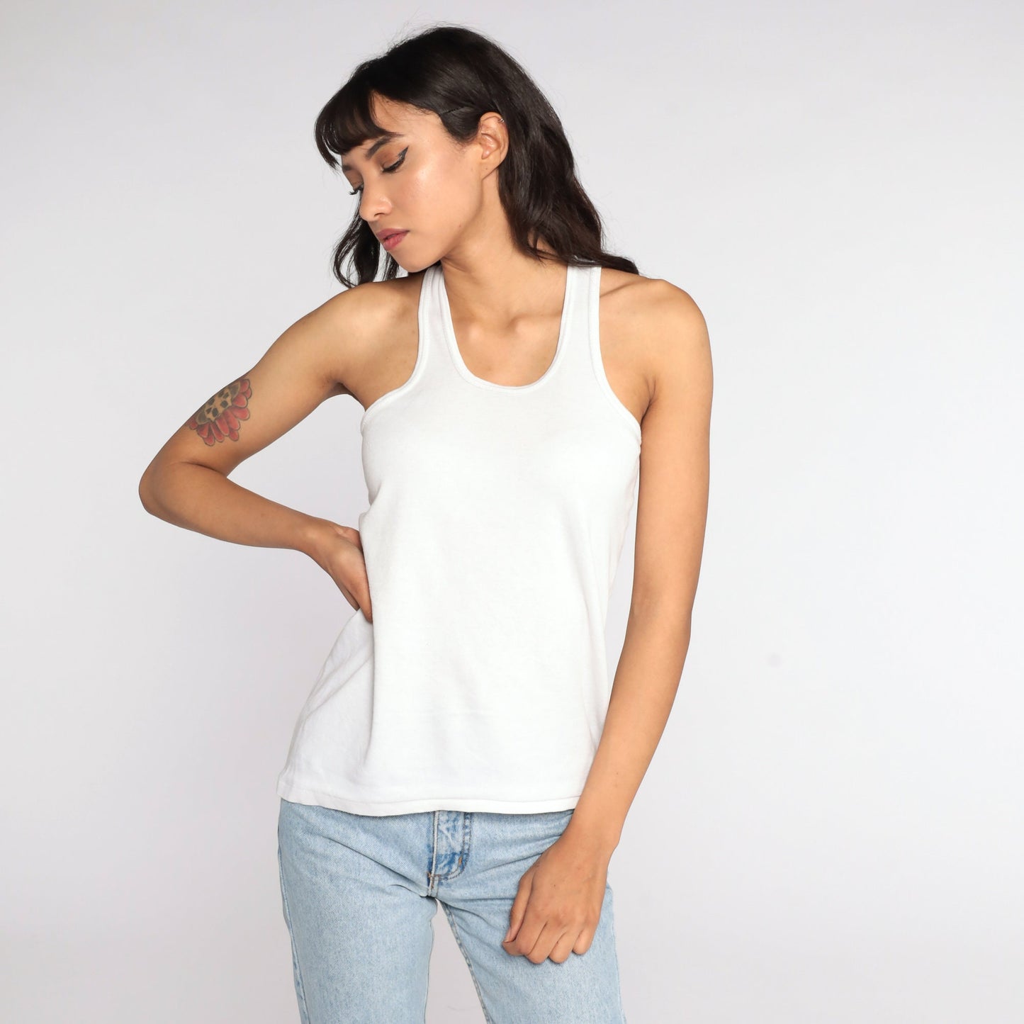 90s Plain White Cotton Tank Top Unisex Medium
