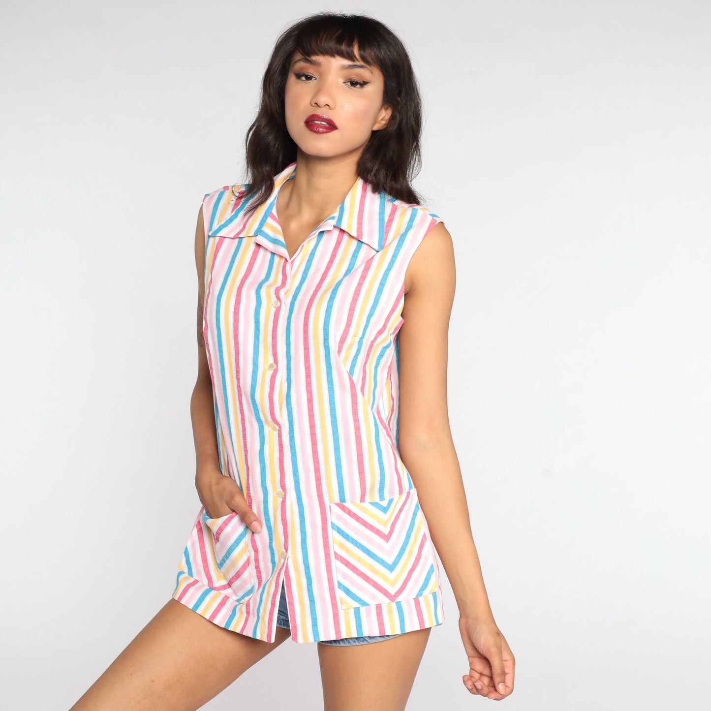 70s Rainbow Striped Button-Up Tank Top Sleeveless Blouse Medium Large