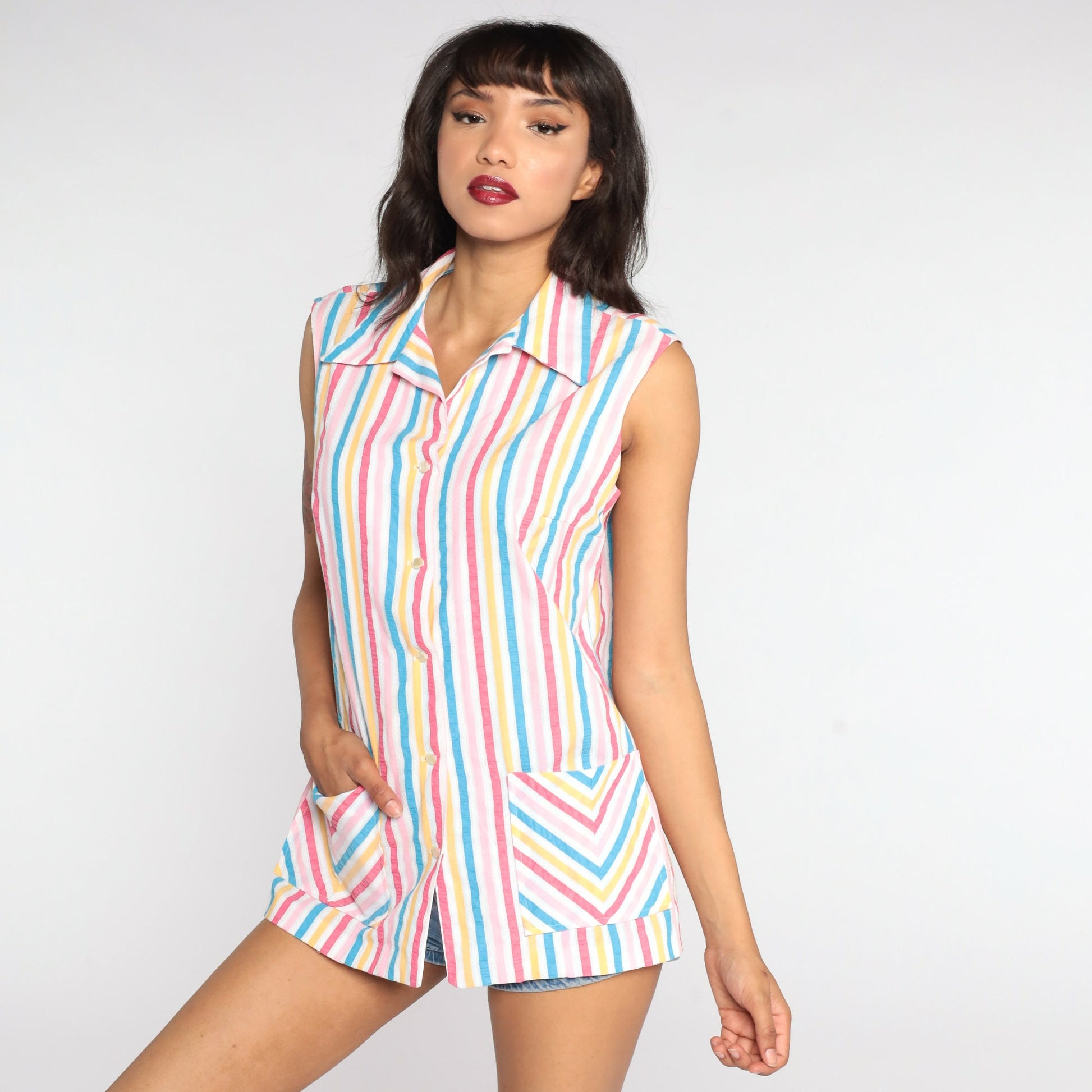 70s Rainbow Striped Button-Up Tank Top Sleeveless Blouse Medium Large