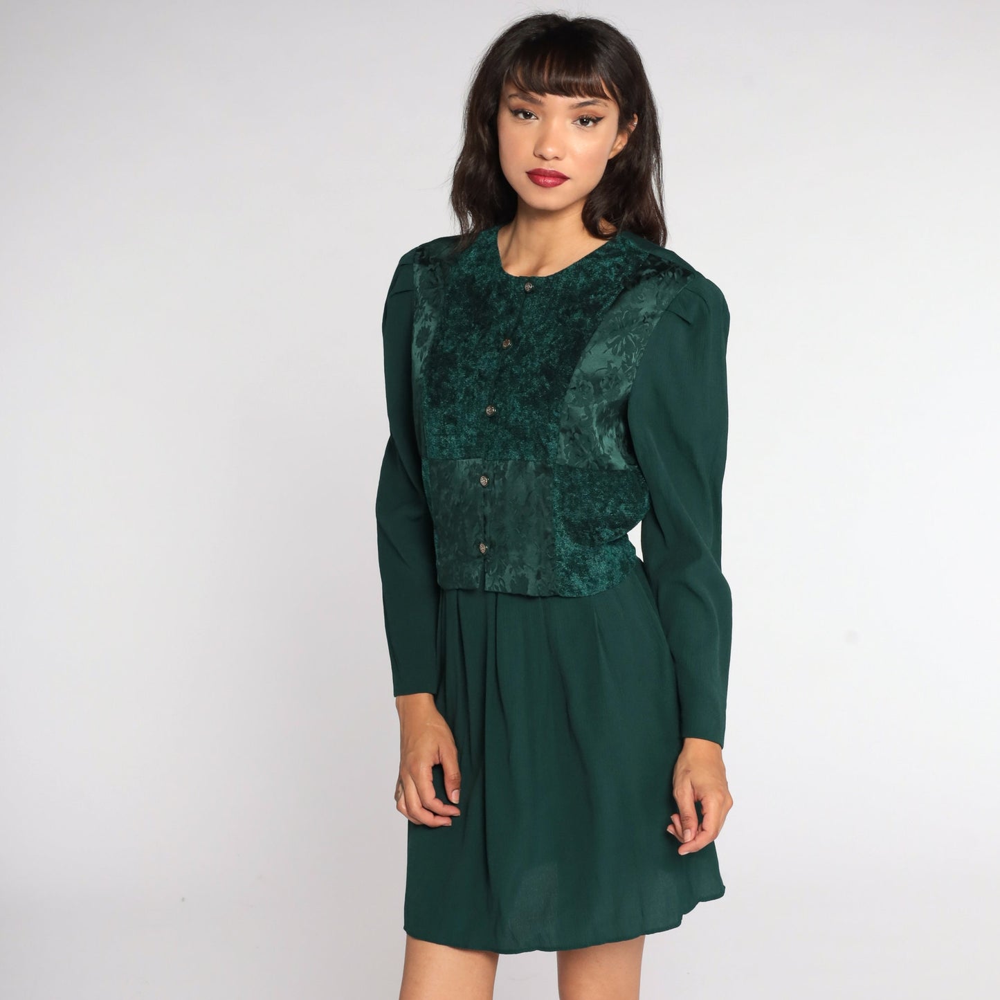 80s Green Mini Dress Button-Up Puff Sleeve Floral Embossed Large L