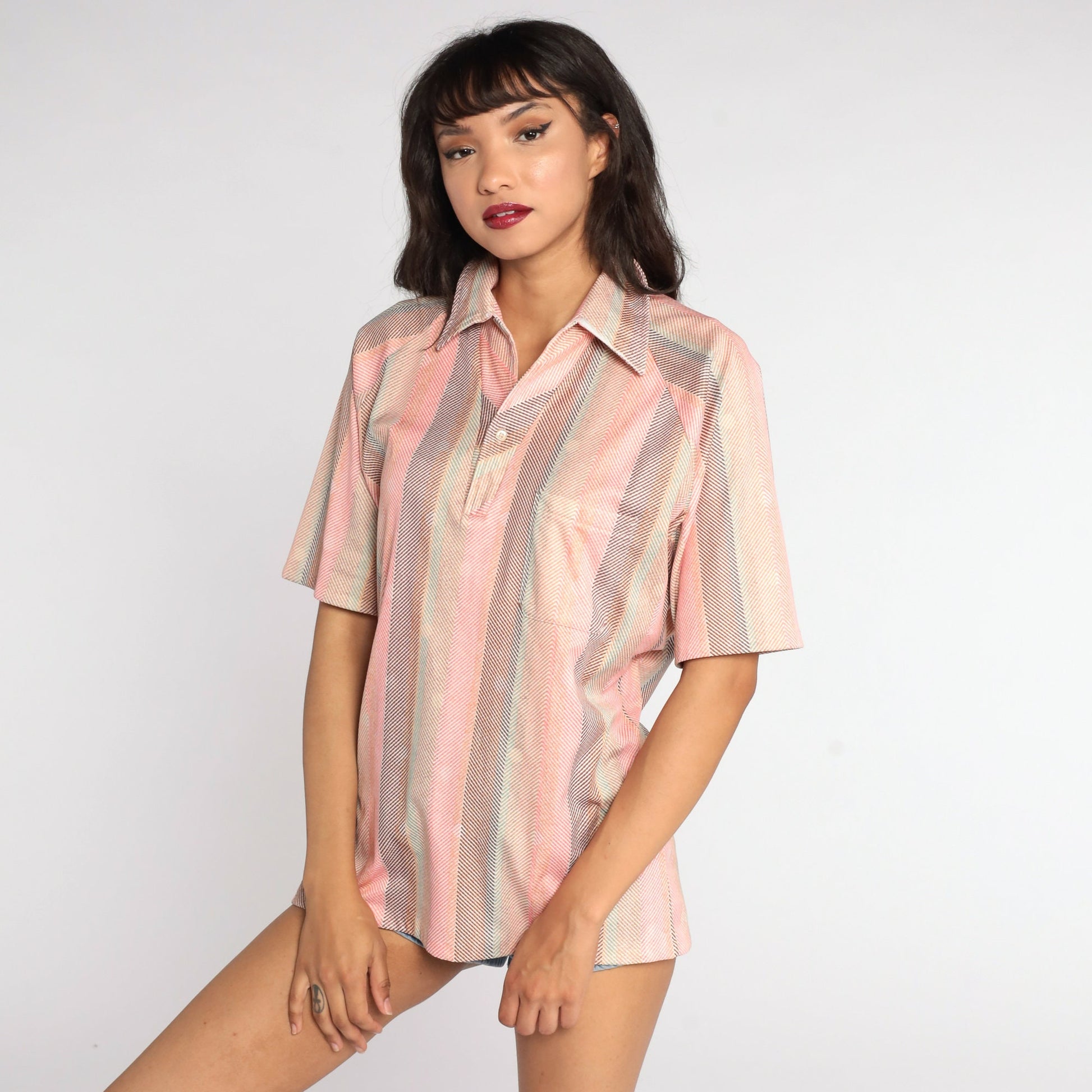 70s Pink Striped Polo Shirt Half Button Dagger Collar Large