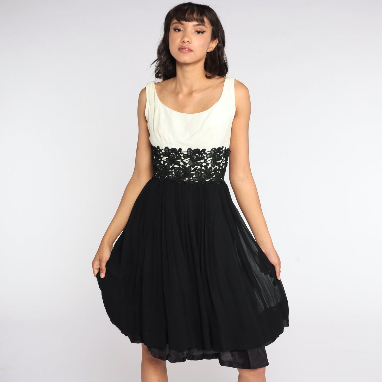 1960s Suzy Perette Black Chiffon Lace Cocktail Dress Off-White Bodice Extra Small