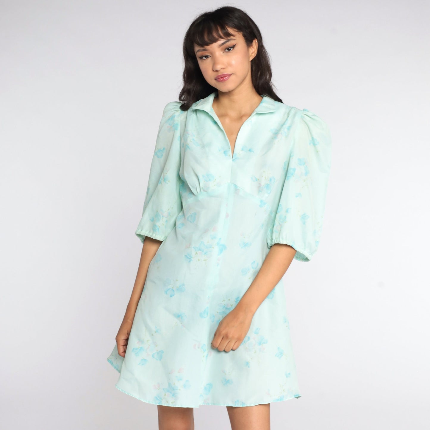 70s Floral Babydoll Dress Puff Sleeve Empire Waist Mini Blue Small