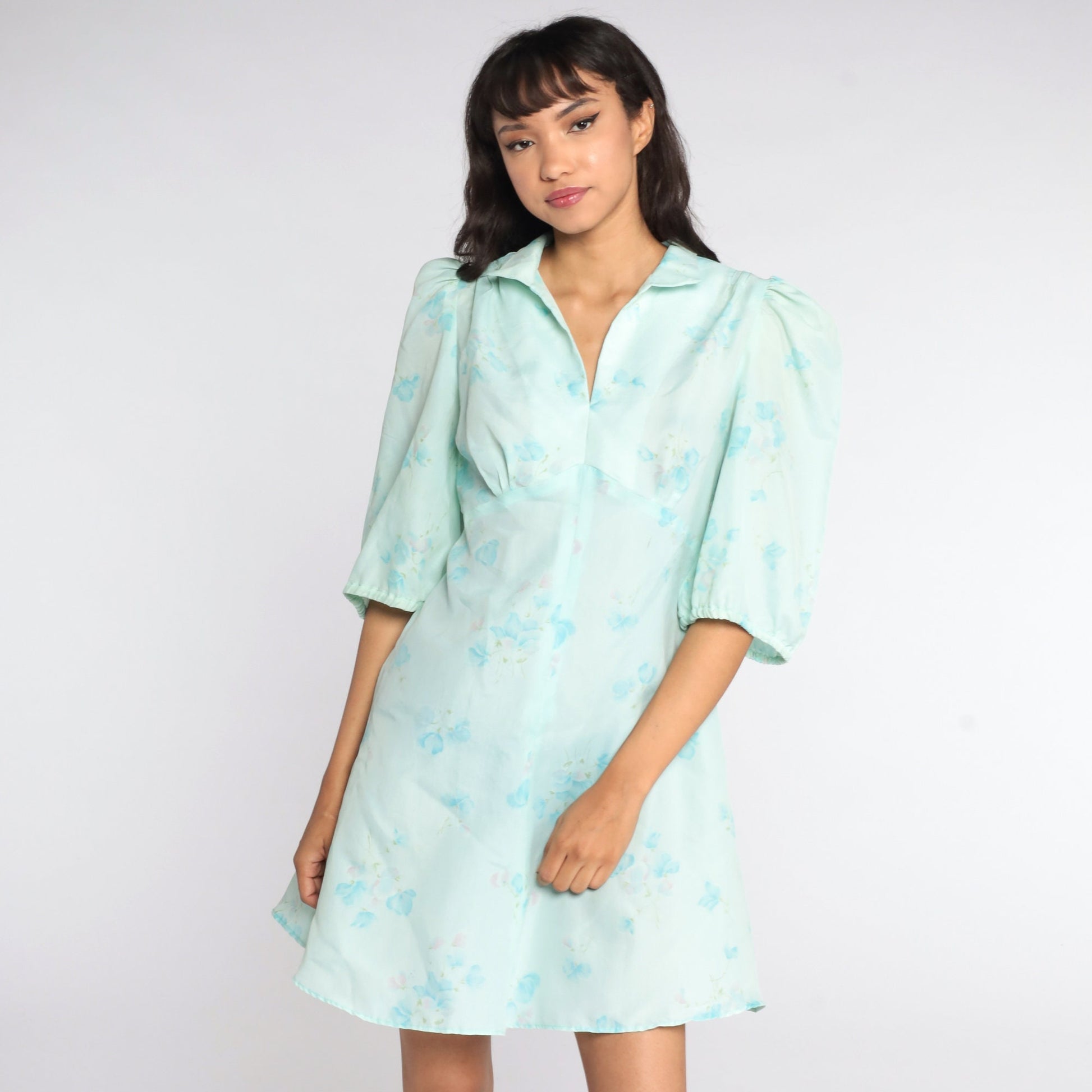 70s Floral Babydoll Dress Puff Sleeve Empire Waist Mini Blue Small