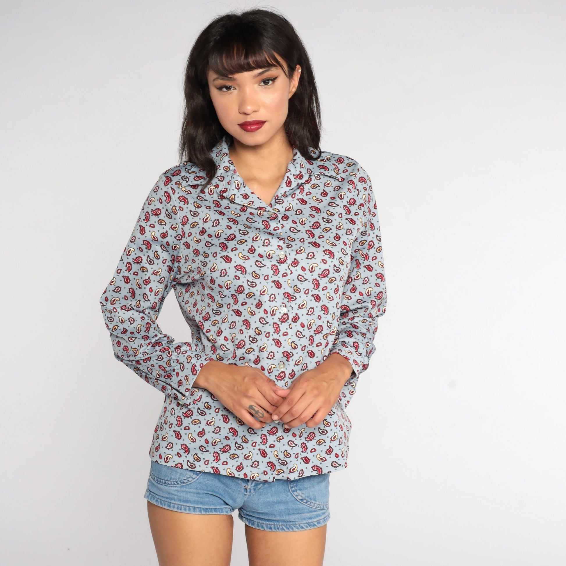 70s Paisley Print Blouse Blue Long Sleeve Button Up Medium