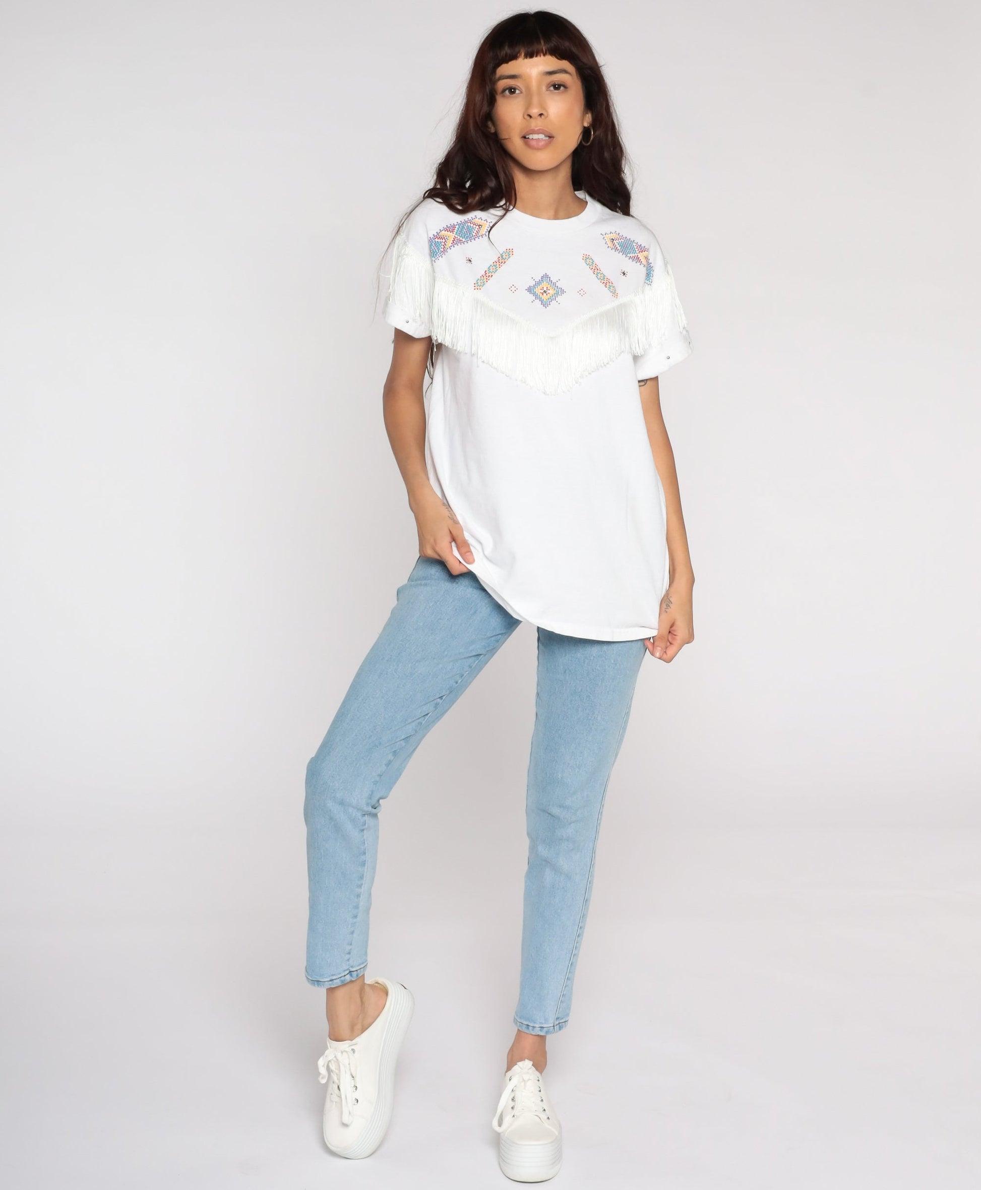 90s Southwest Studded Fringe Cotton T-Shirt White Graphic Tee Medium