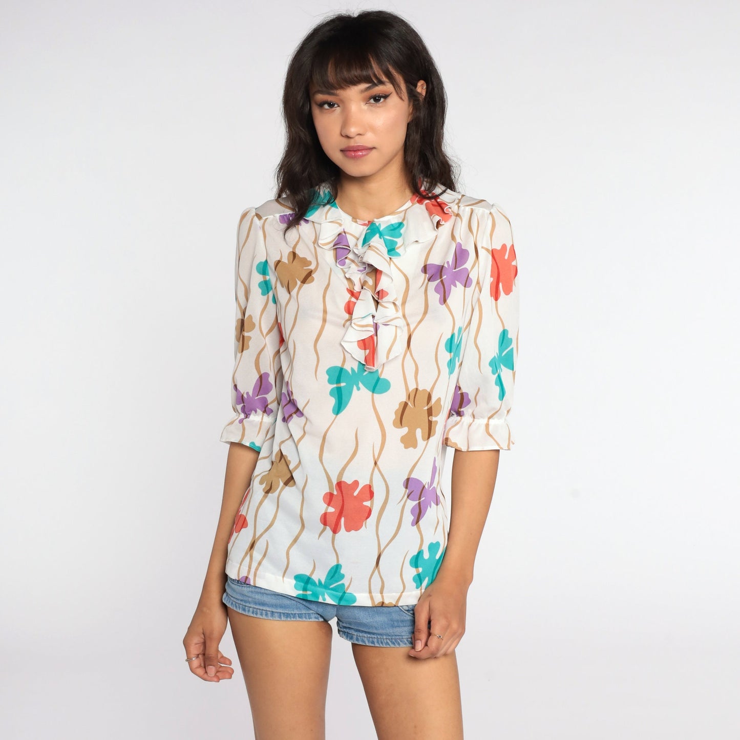 70s Butterfly Print Puff Sleeve Blouse Ruffle Neck Button Up Medium
