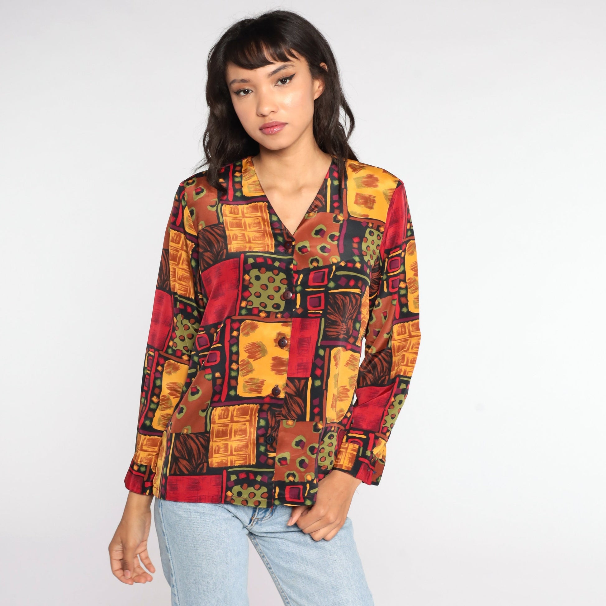 90s Geometric Print Button-Up Shirt Red Yellow Long Sleeve Medium Large