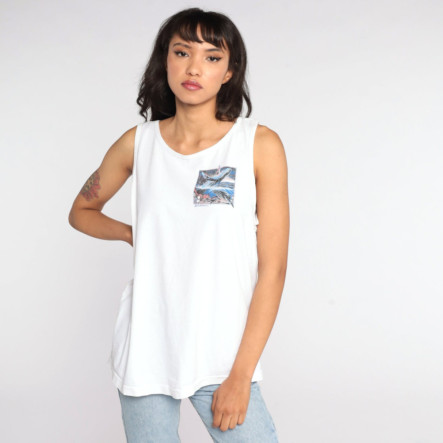 90s Maui Whale Watchers Association Tank Top Graphic Sleeveless Tee White Large