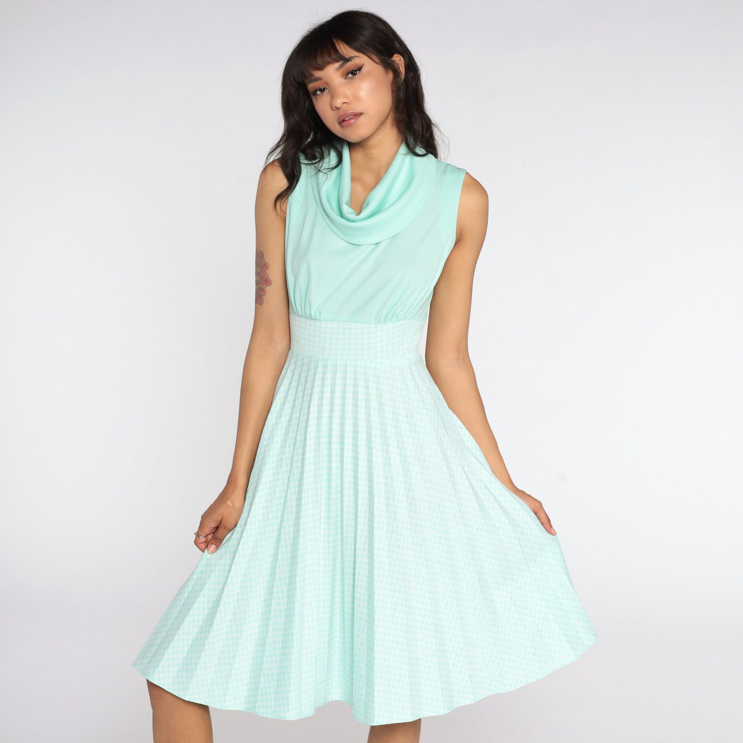 70s Mint Gingham Empire Waist Dress Cowl Neck Pleated Sleeveless Small