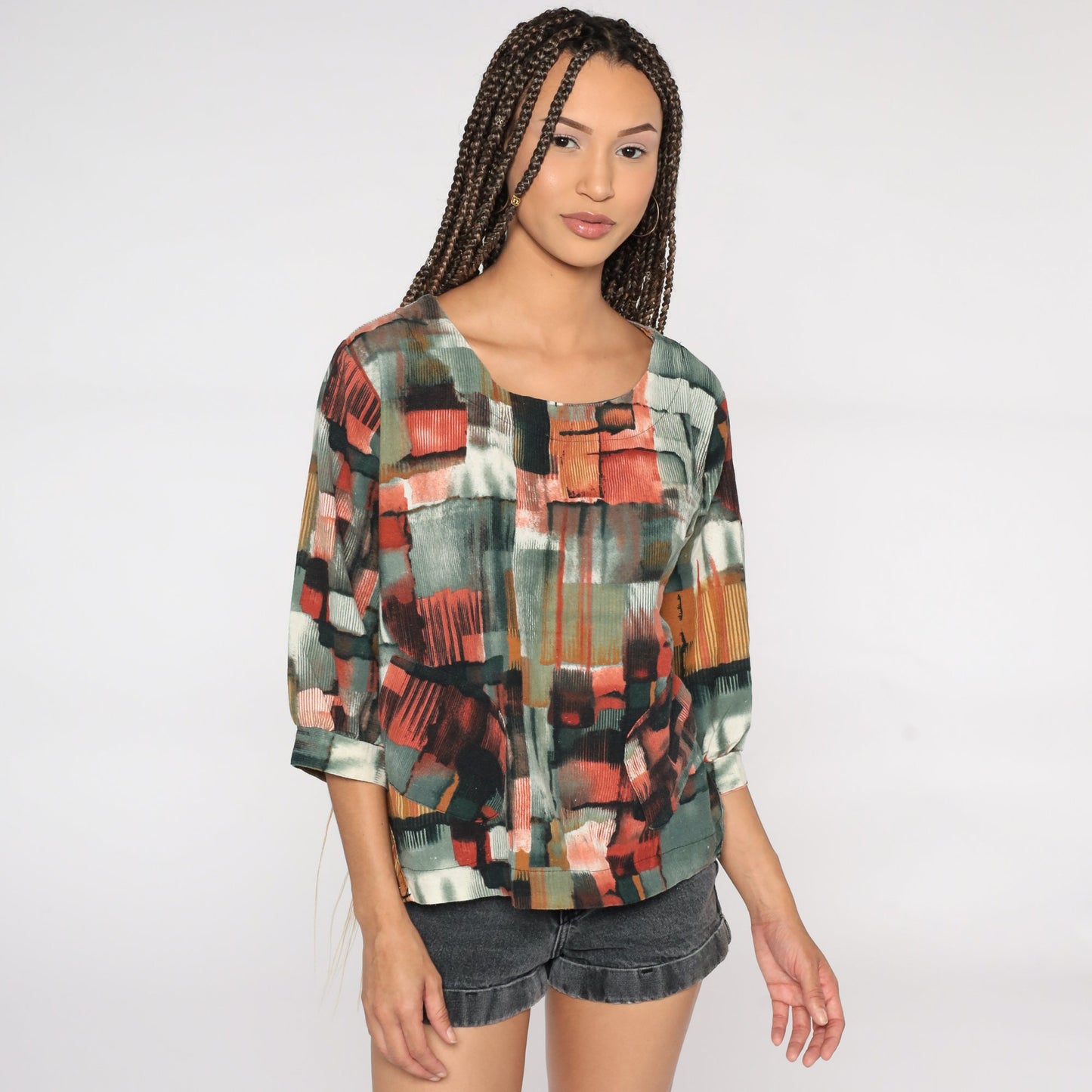 90s Abstract Geometric Brushstroke Blouse Red Grey Short Sleeve Large L