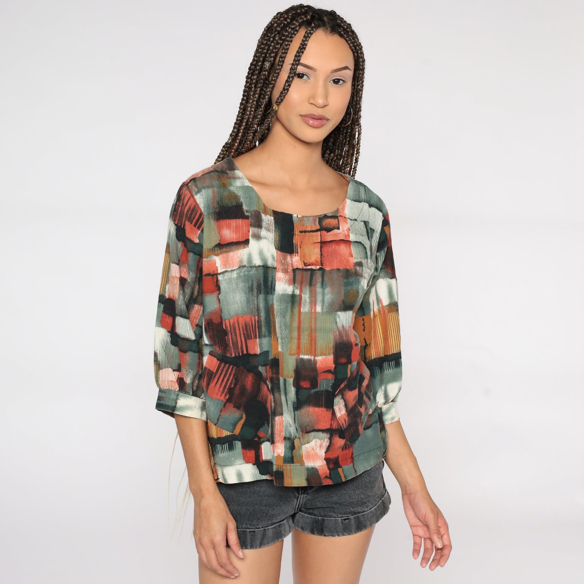 90s Abstract Geometric Brushstroke Blouse Red Grey Short Sleeve Large L