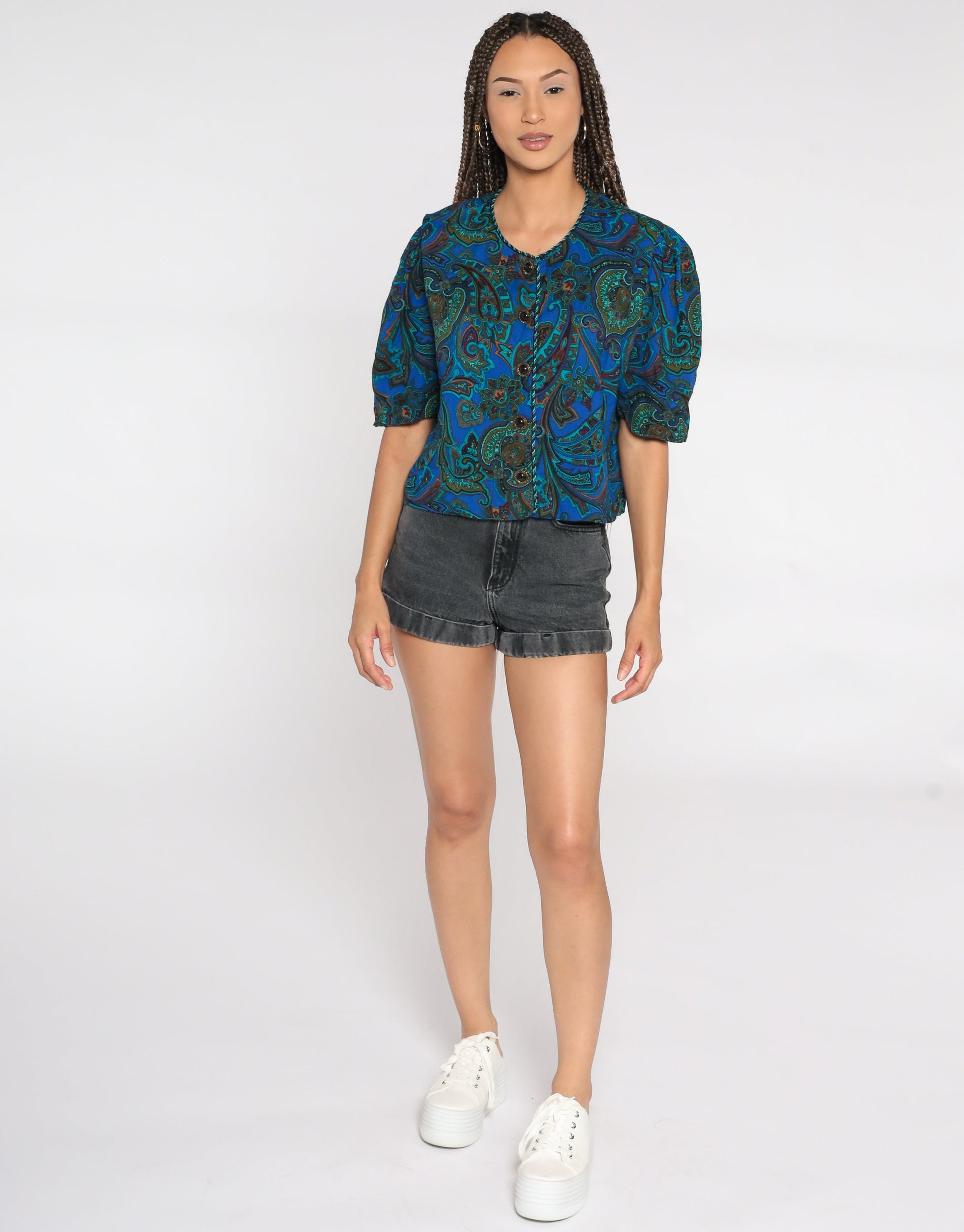 80s Paisley Puff Sleeve Button-Up Blouse Blue Medium