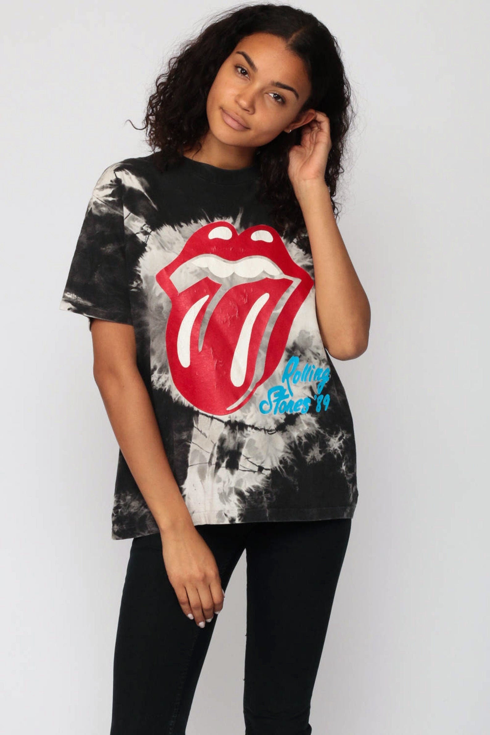 Rolling Stones Steel Wheels Tour 1989 Tie Dye Band Tee Black Medium