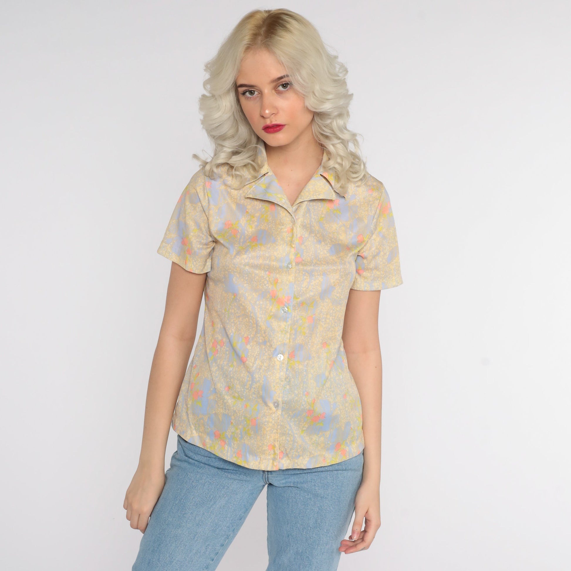 70s Abstract Floral Print Button-Up Blouse Yellow Purple Short Sleeve Small