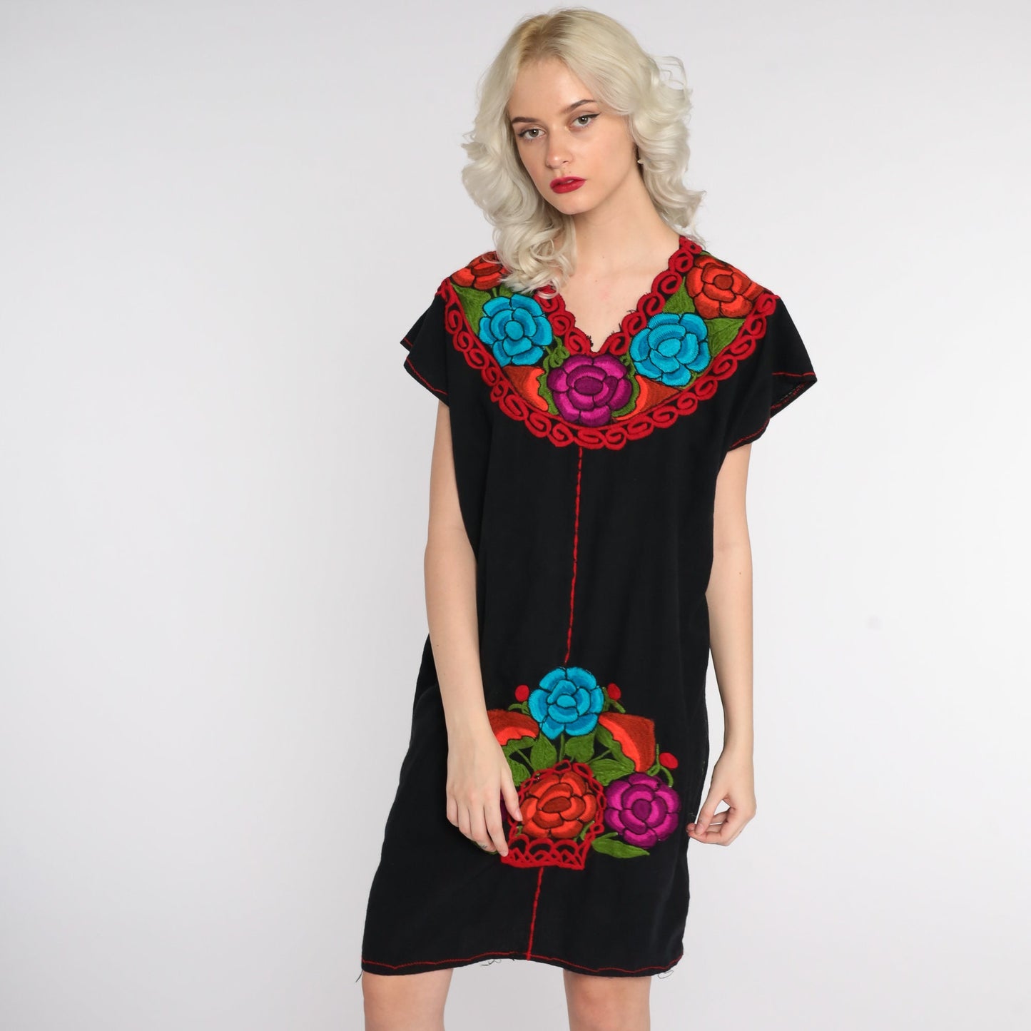 80s Black Cotton Mexican Tunic Dress Floral Embroidery Medium