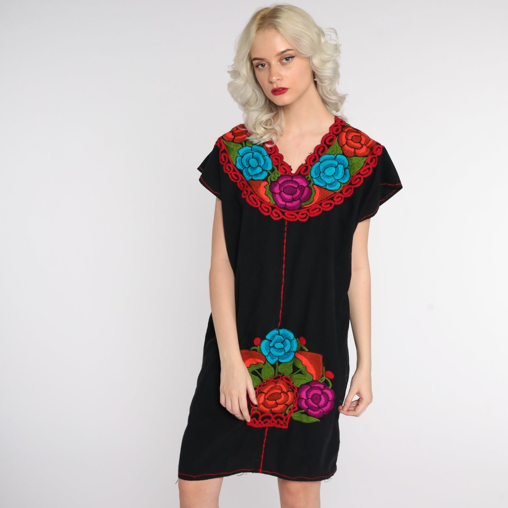 80s Black Cotton Mexican Tunic Dress Floral Embroidery Medium