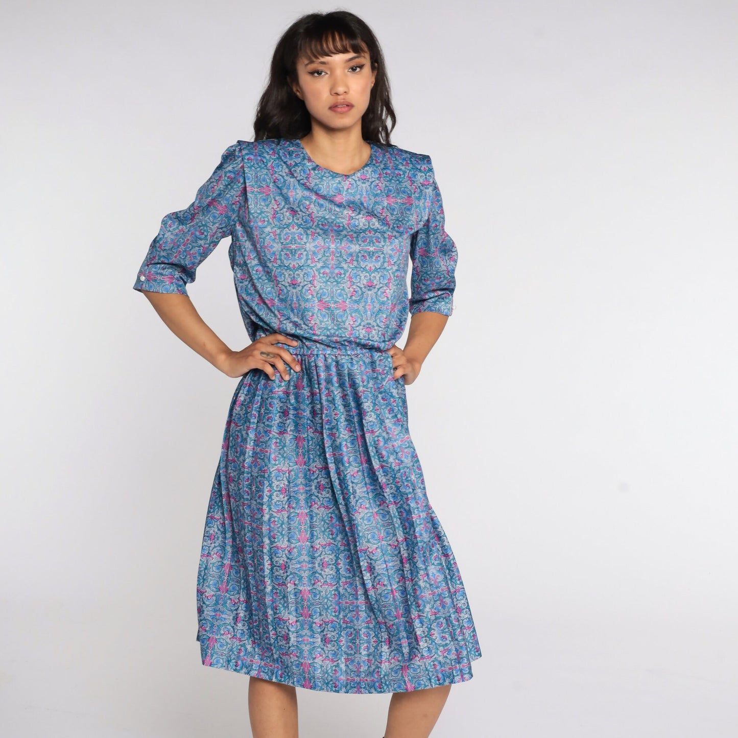 80s Blue Geometric Pleated Secretary Dress High Waist Midi 3/4 Sleeve Extra Large