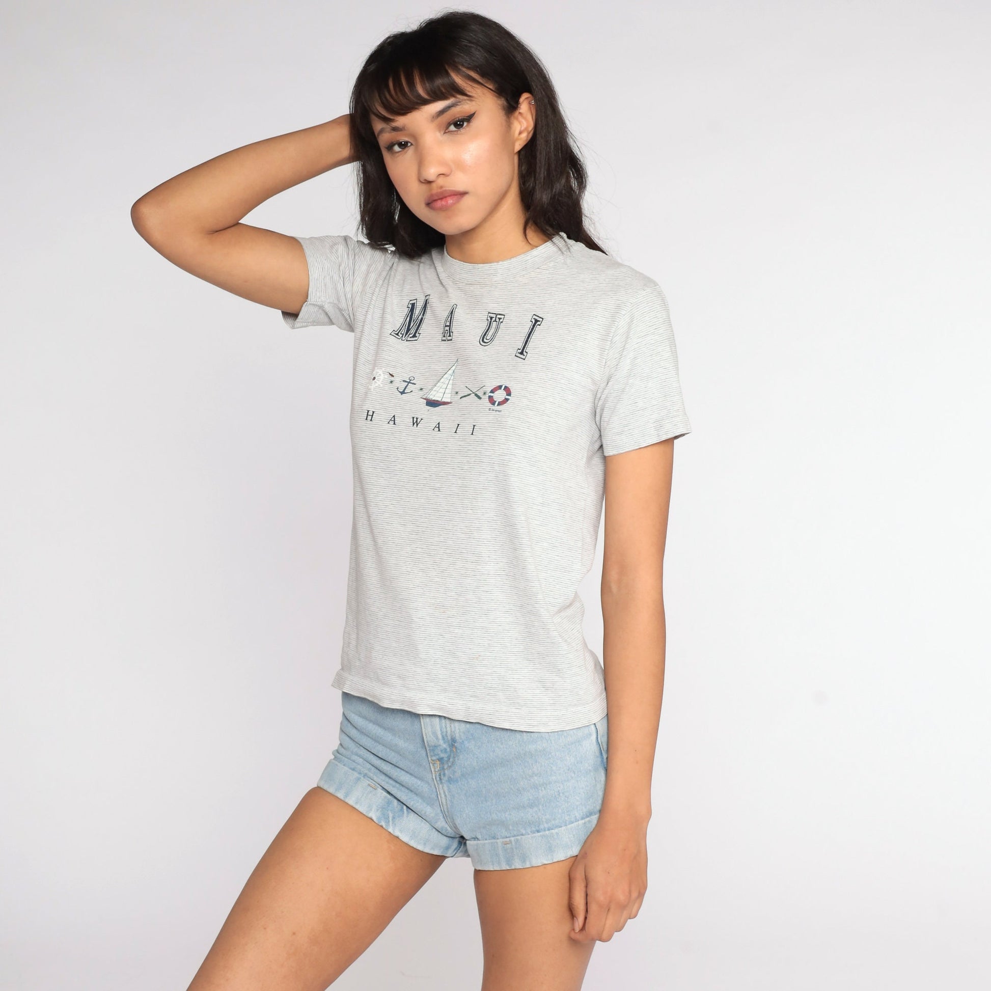 90s Hawaii Maui Nautical Sailboat Graphic Tee Grey Extra Small