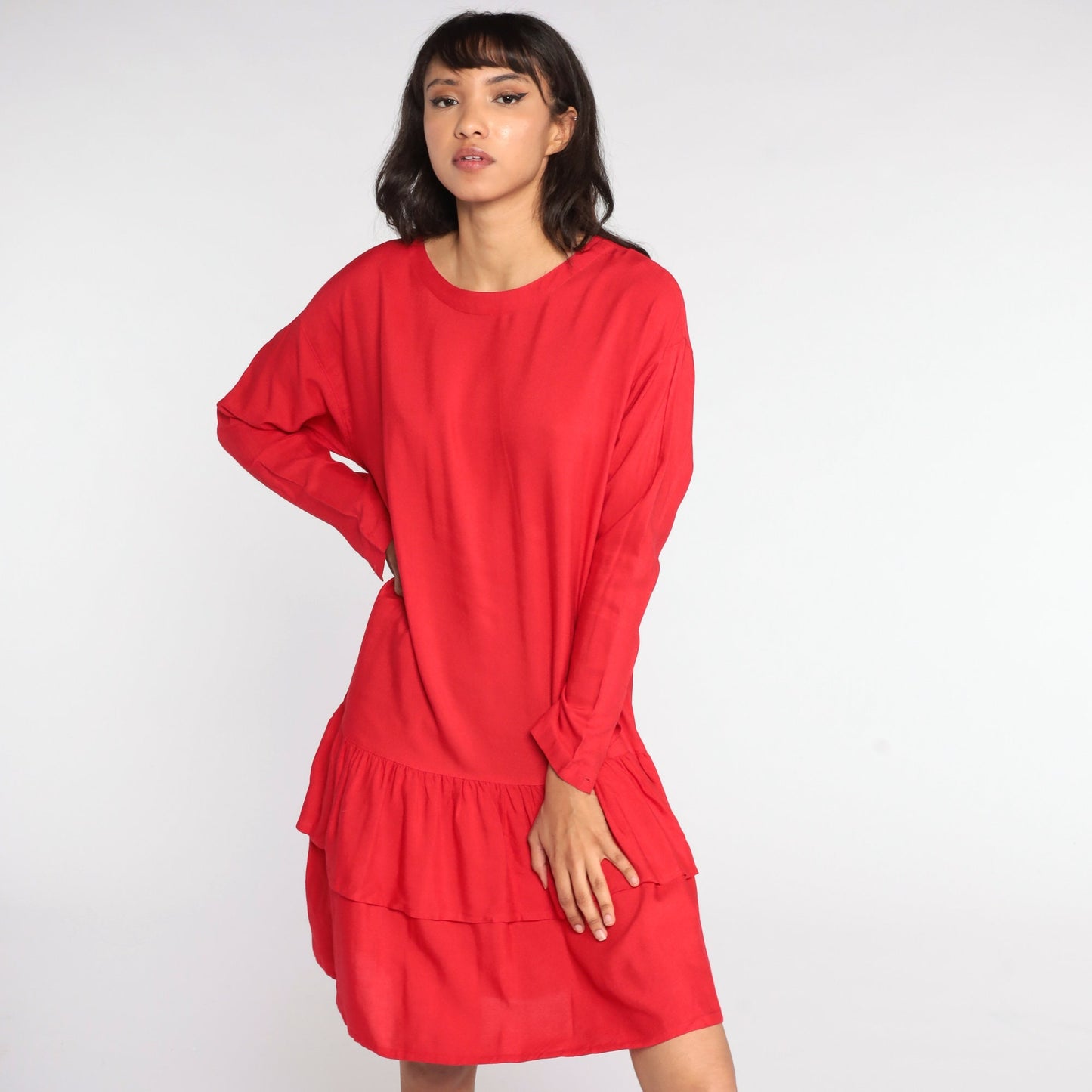 80s Red Tiered Midi Dress Drop Waist Shift Flounce Long Sleeve Medium