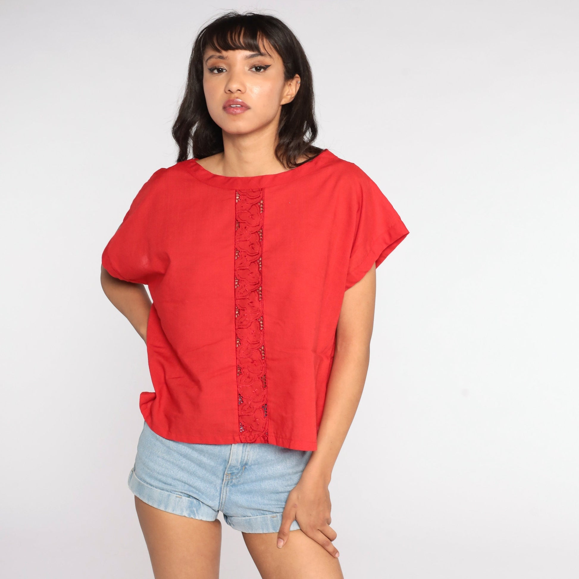 80s Red Embroidered Cutwork Blouse Short Sleeve Cutout Top Large L