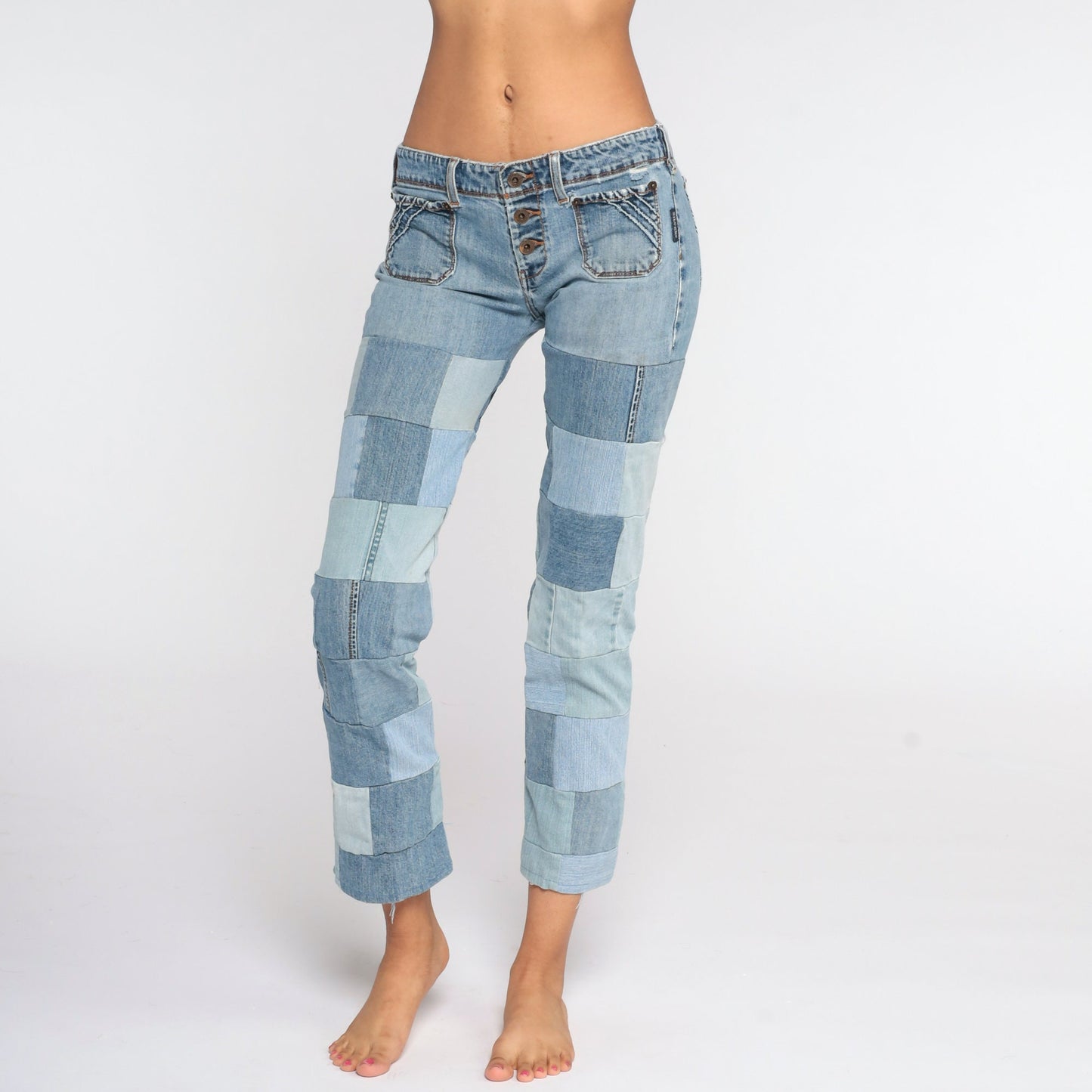 Y2K Silver Jeans Patchwork Denim Low Rise Straight Leg Extra Small XS