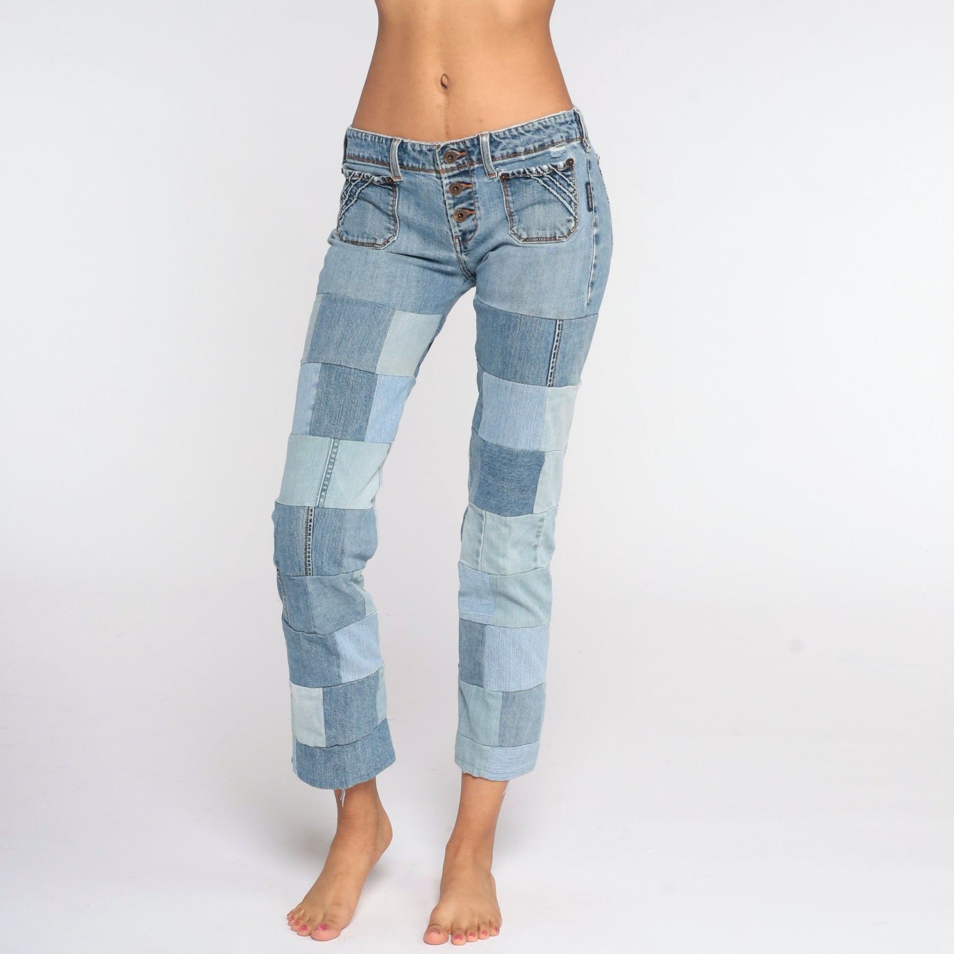 Y2K Silver Jeans Patchwork Denim Low Rise Straight Leg Extra Small XS