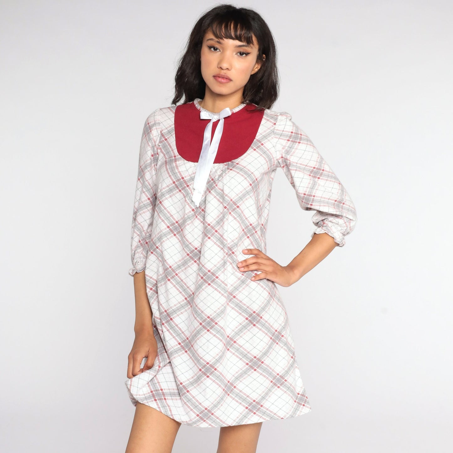 80s White Plaid Pajama Dress Bib Bow Cotton Nightgown Small