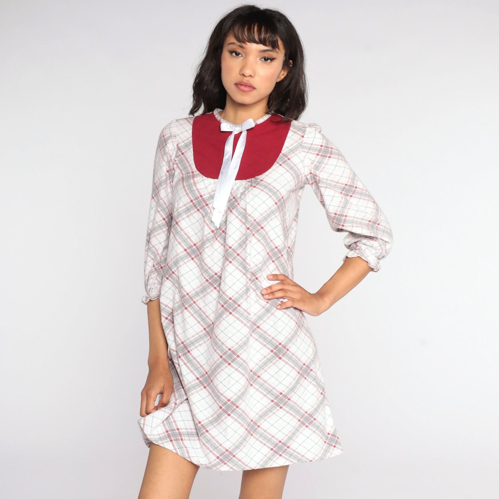 80s White Plaid Pajama Dress Bib Bow Cotton Nightgown Small