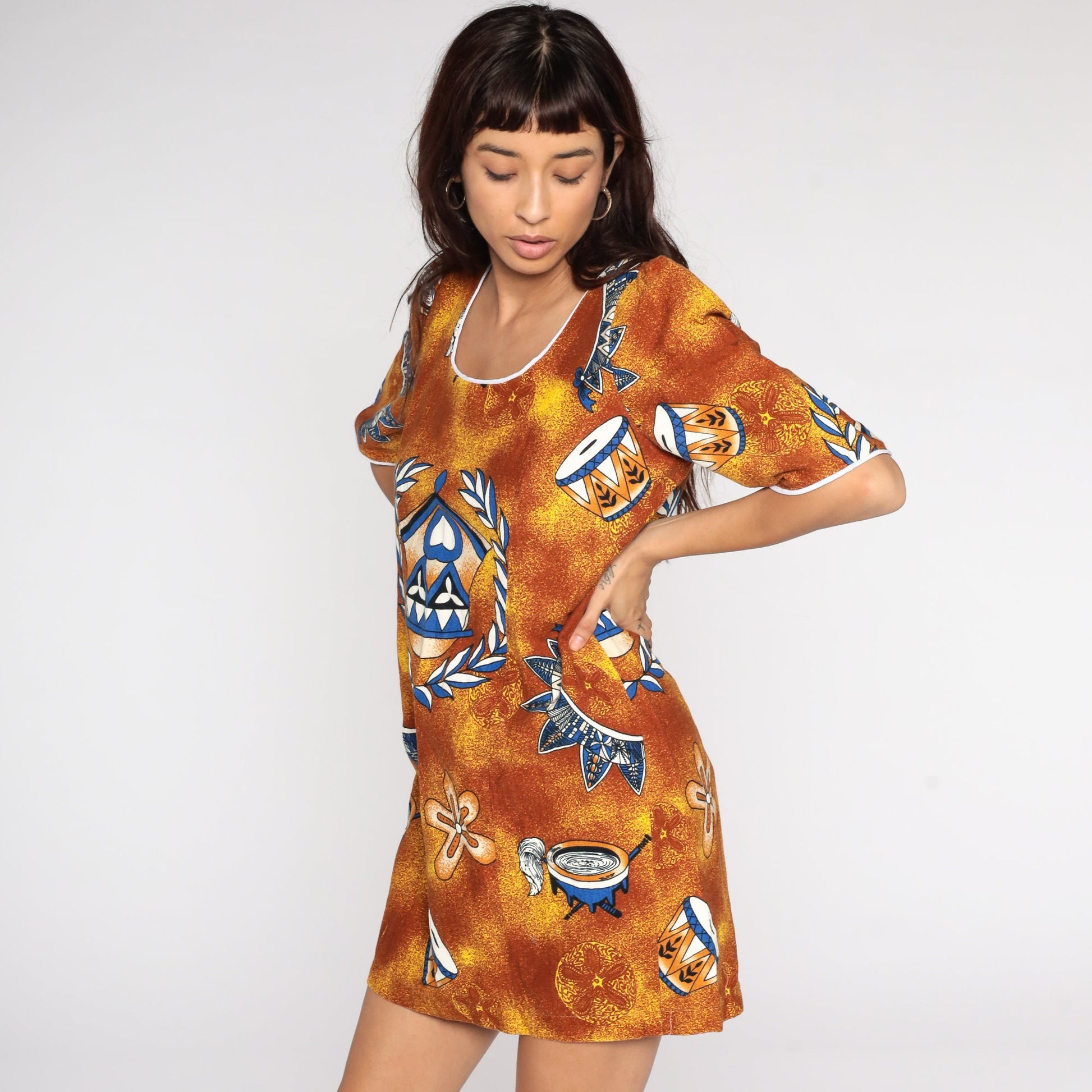 90s Drum Print Mini Dress Puff Sleeve Shift Brown Yellow Cotton Medium