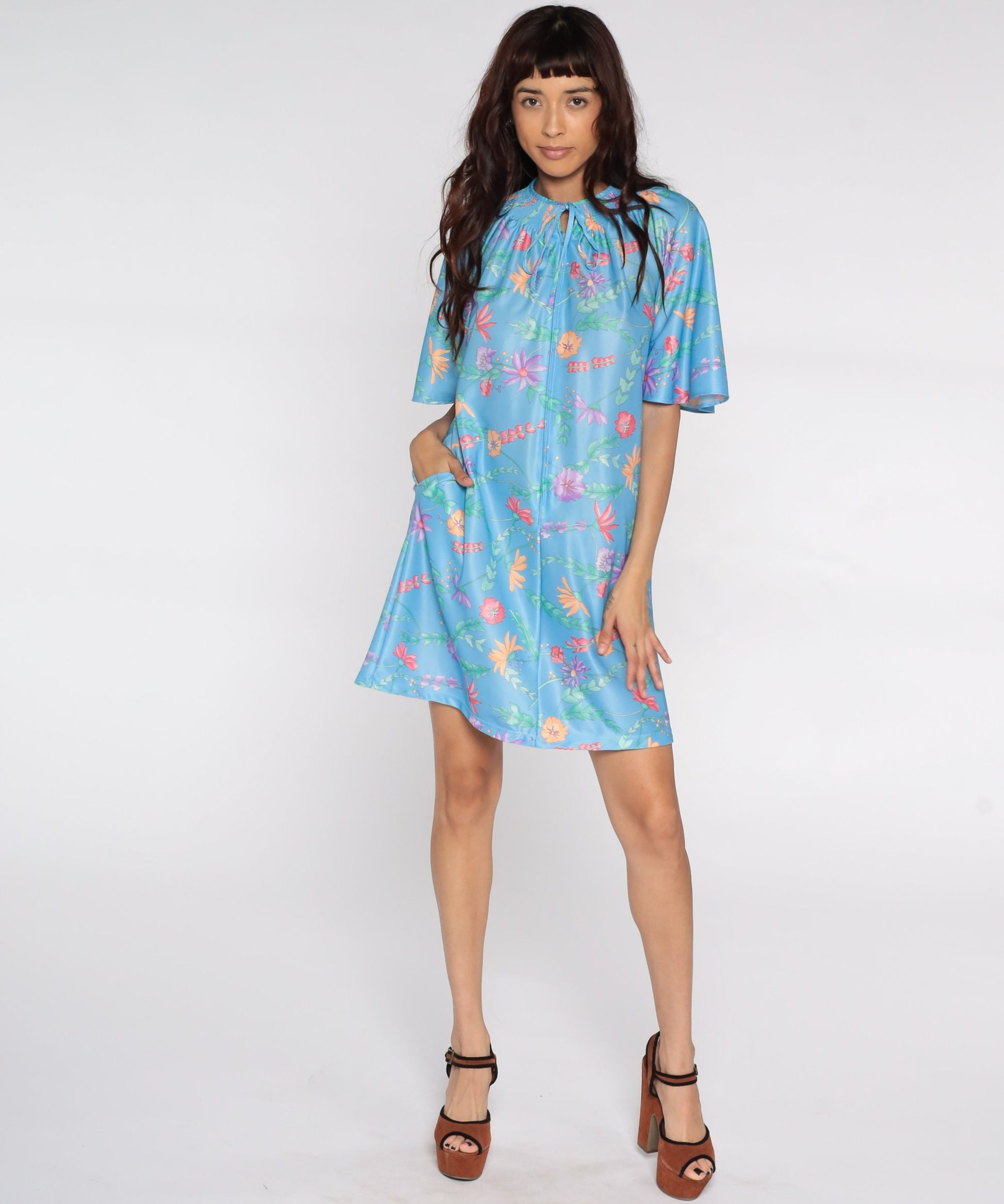 70s Blue Floral Mini Shift Dress Flutter Sleeve Front Zip Lounge Small