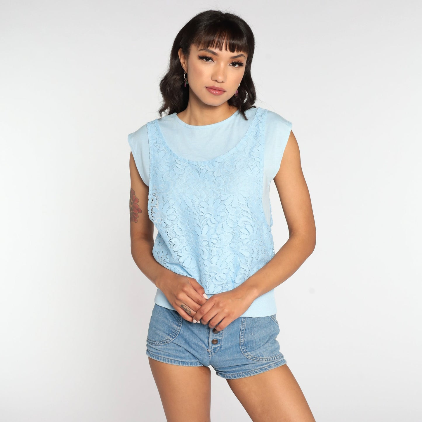 80s Baby Blue Lace Cap Sleeve Blouse with Attached Tank Small