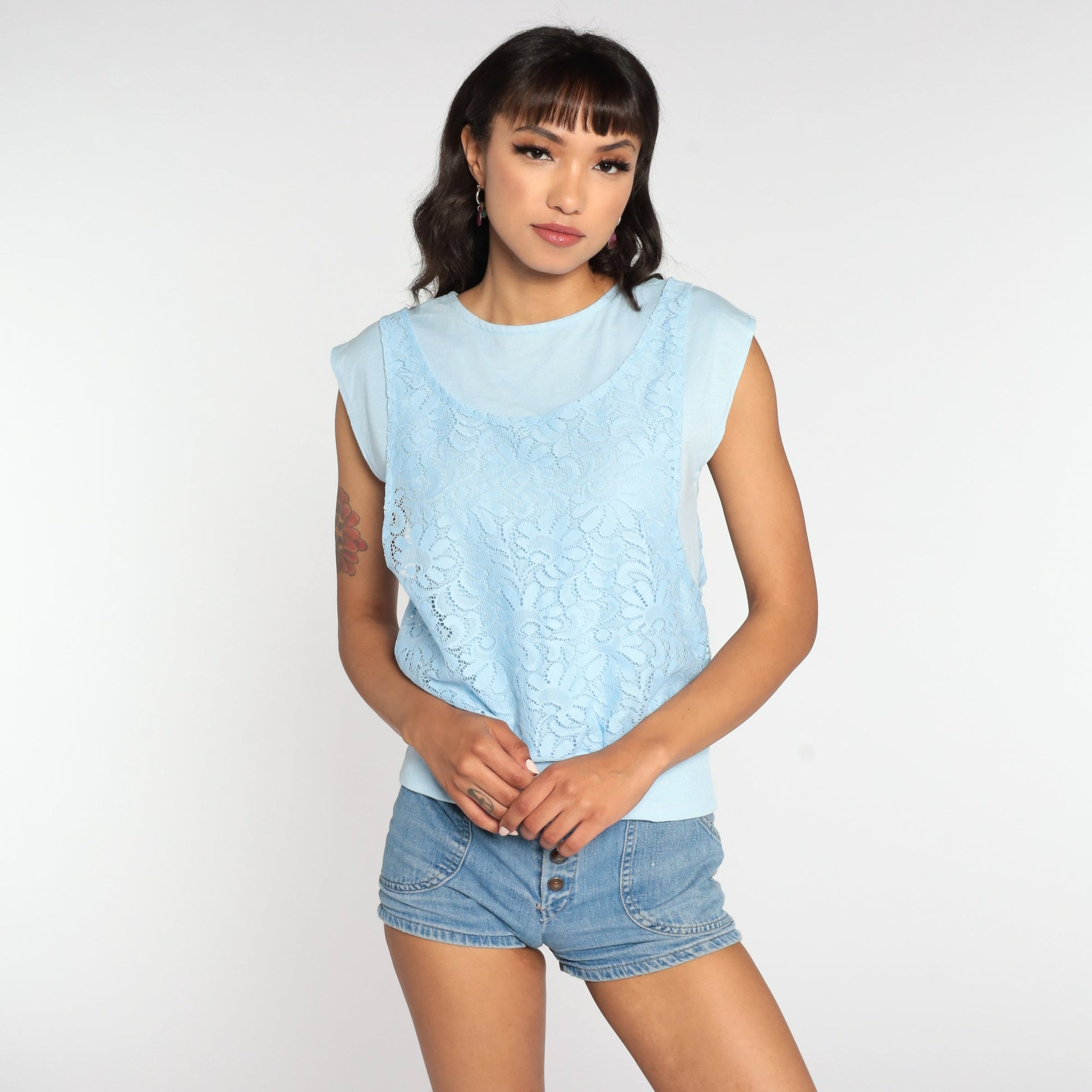 80s Baby Blue Lace Cap Sleeve Blouse with Attached Tank Small