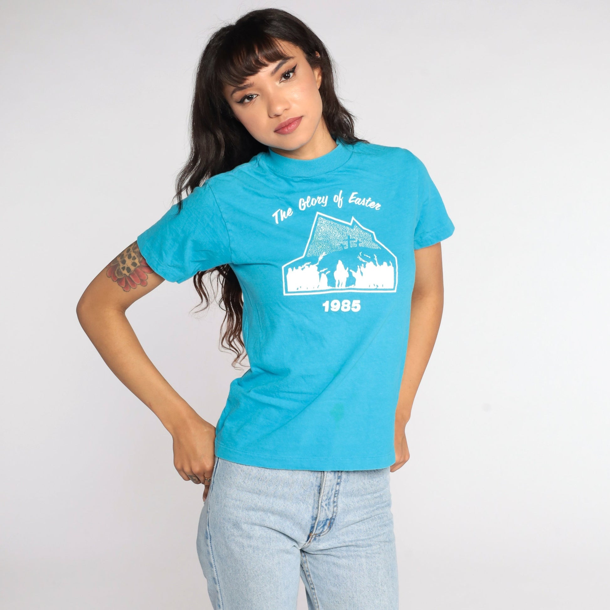 80s Christian Easter 1985 Jesus Graphic T-Shirt Blue Single Stitch Small