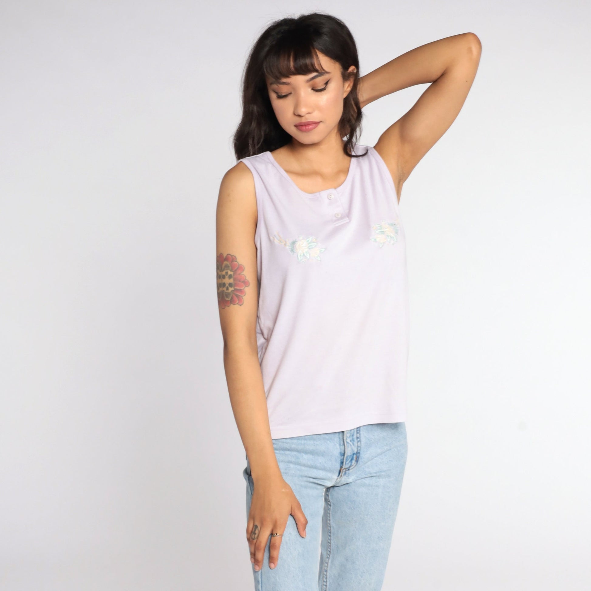 80s Floral Tank Top Lavender Purple Henley Sleeveless Shirt Large