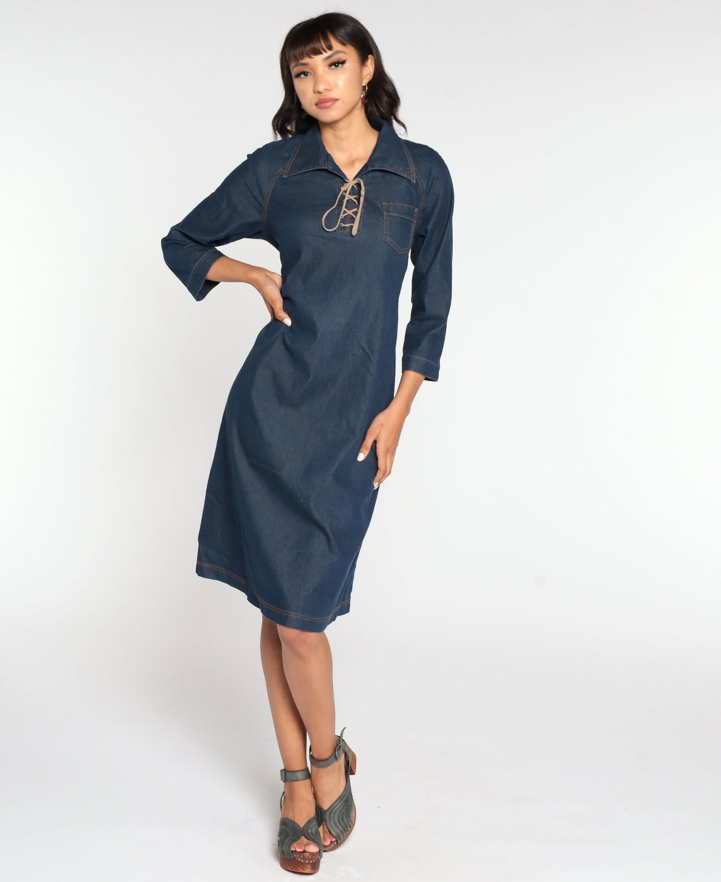 90s Blue Denim Midi Dress Lace-Up Neckline Shift Cut Medium