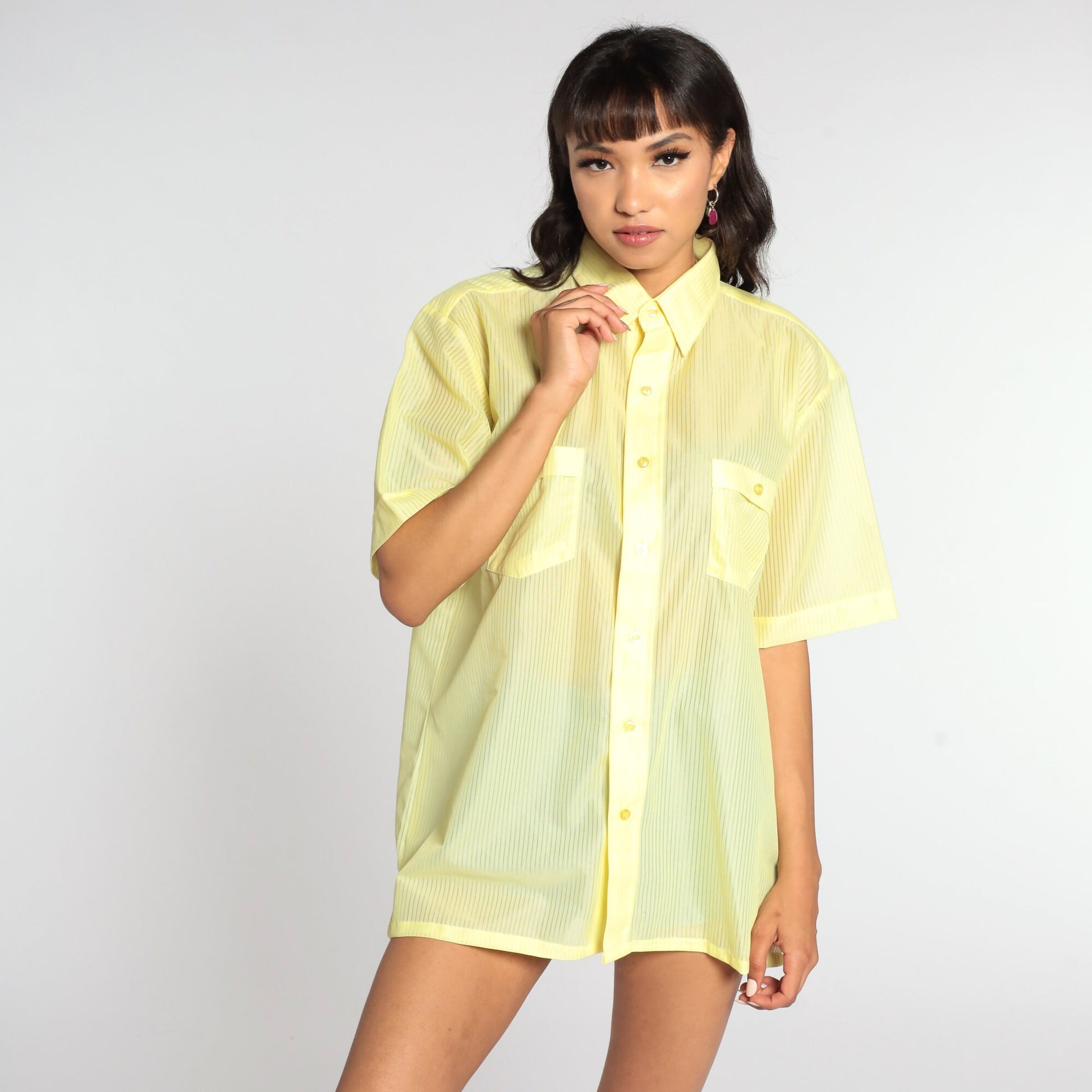 70s Idle Time Striped Button-Up Shirt Yellow Sheer Short Sleeve Large L