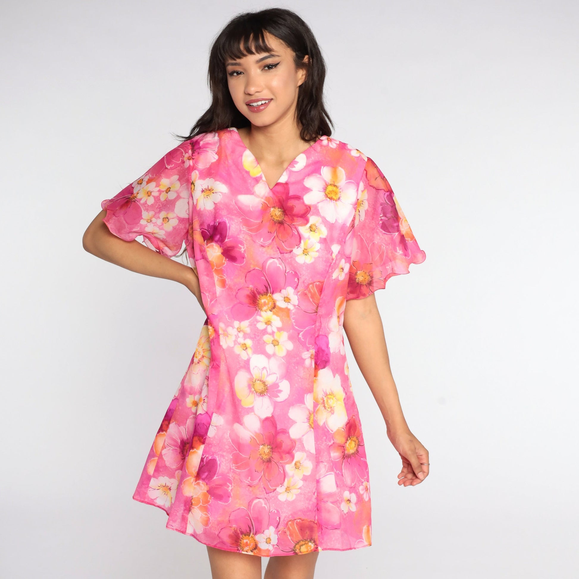 70s Pink Floral Mini Dress Flutter Sleeve Shift Dress Large 12