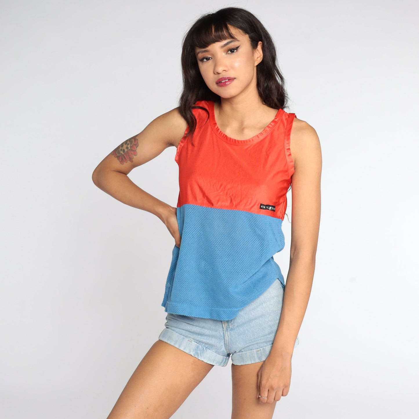 80s Aspen Mesh Tank Top Sheer Nylon Orange Blue Colourblock Small