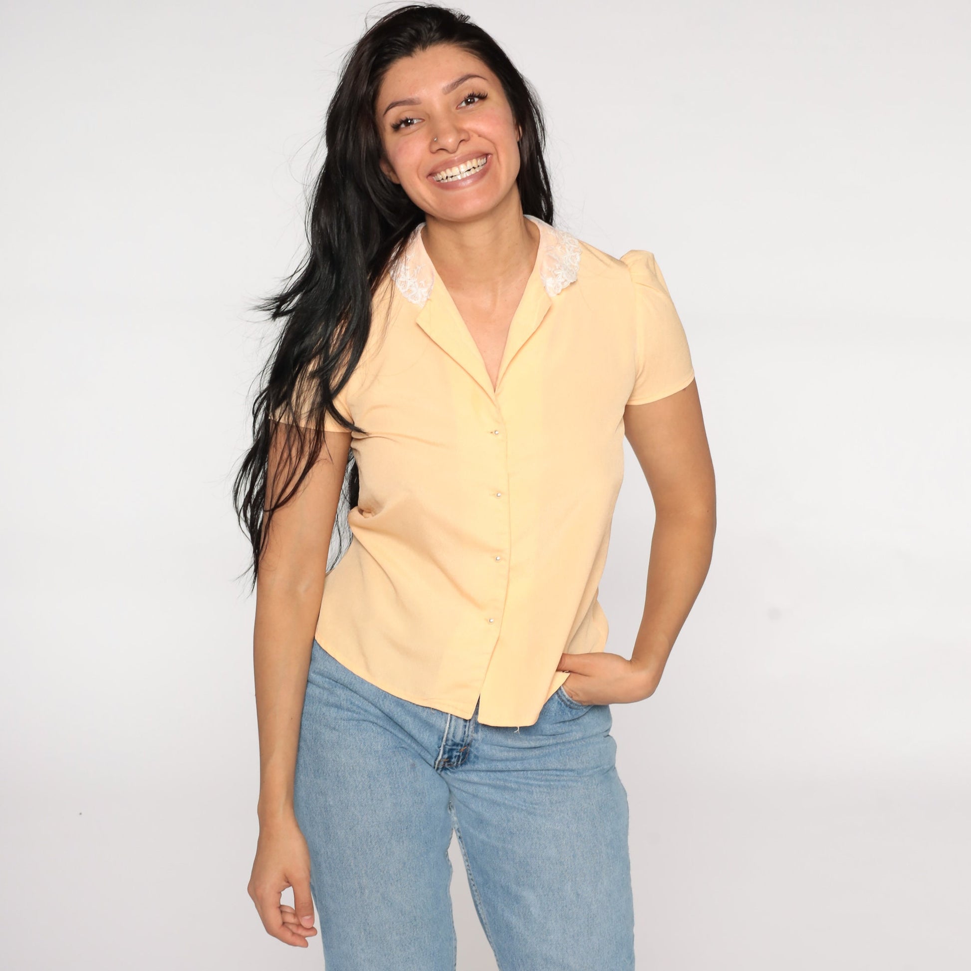 80s Peach Puff Sleeve Blouse Lace Collar Button Up Shirt Small