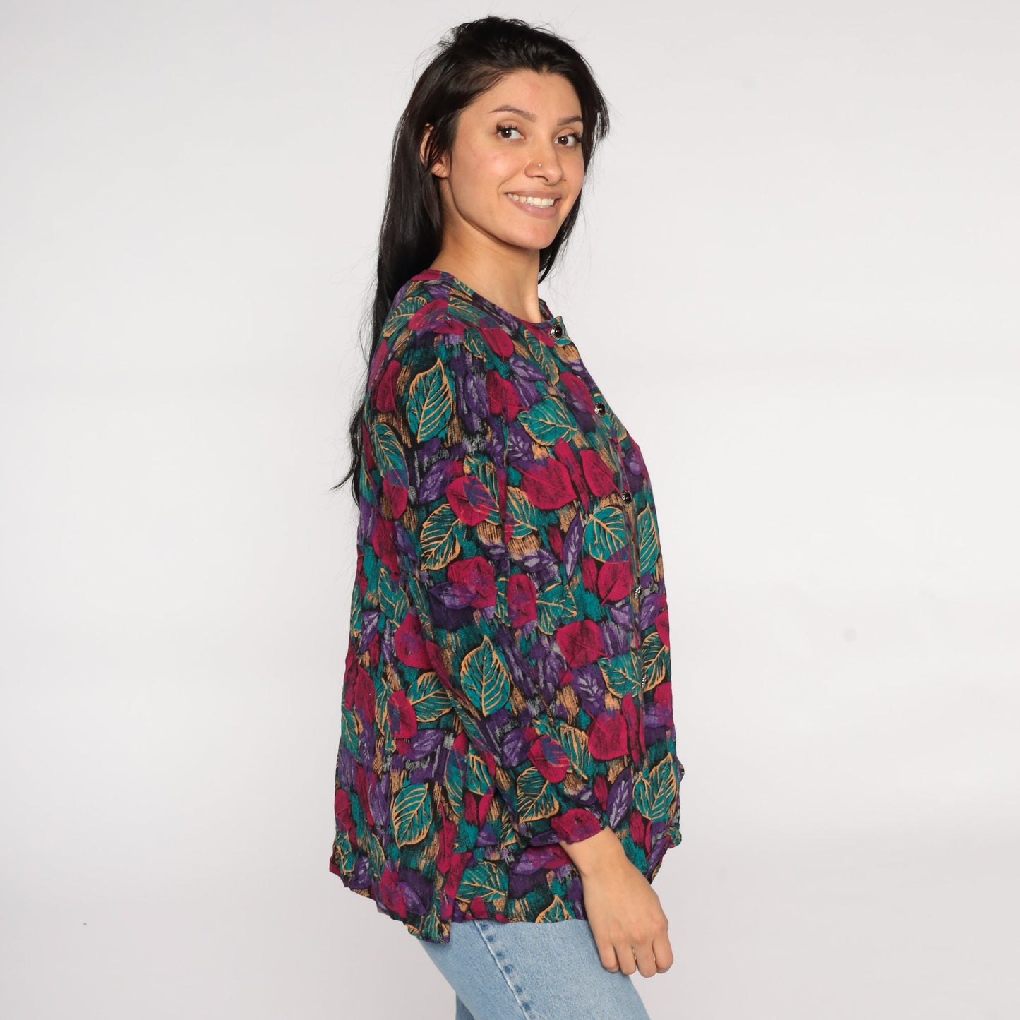 80s Leaf Print Button Up Shirt Purple Pink Rayon Blouse Large