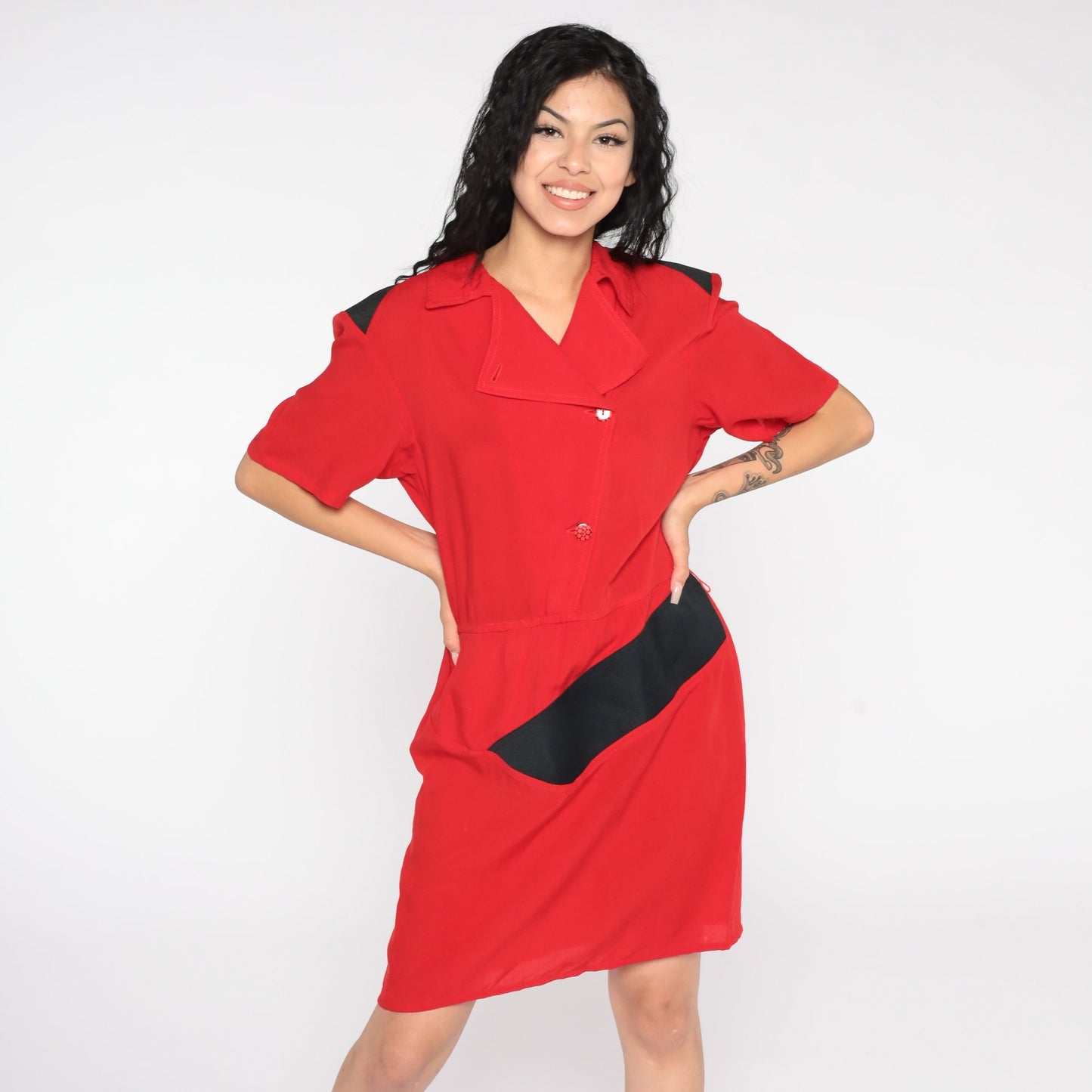 80s Red Mini Sheath Dress Button-Up V-Neck Short Sleeve Medium Large