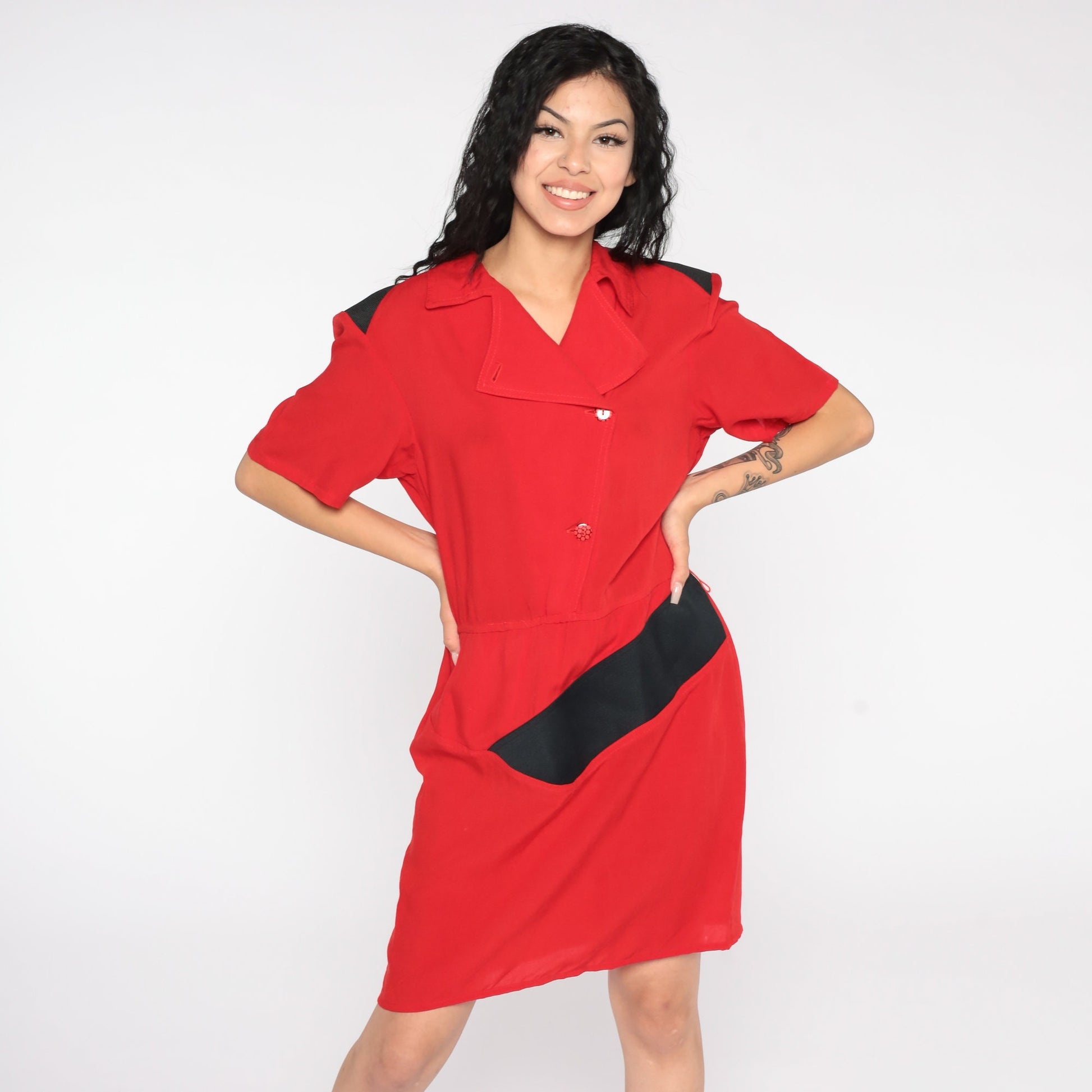 80s Red Mini Sheath Dress Button-Up V-Neck Short Sleeve Medium Large