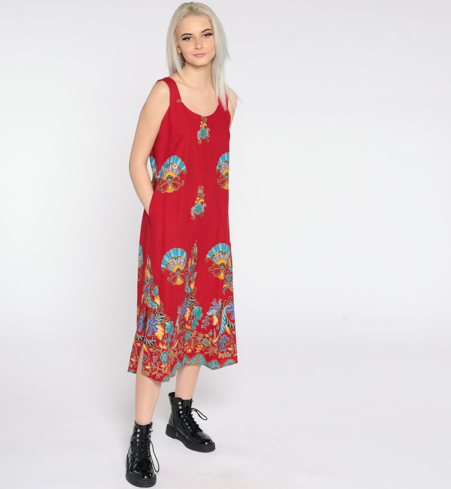 90s Red Floral Midi Dress Sleeveless Sheath Sundress Small